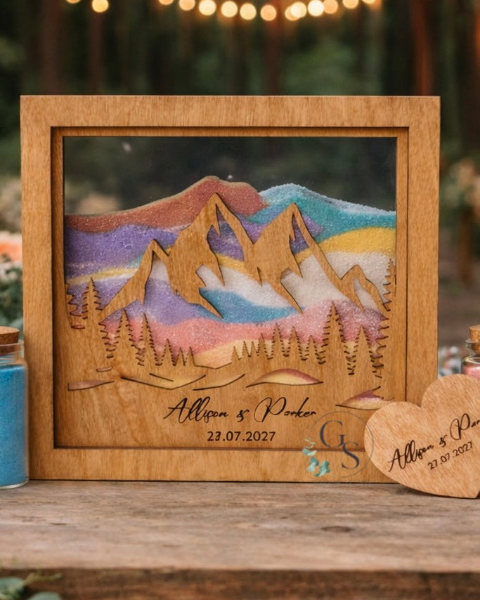 personalized mountain wedding sand ceremony frame with colored sand and wooden design