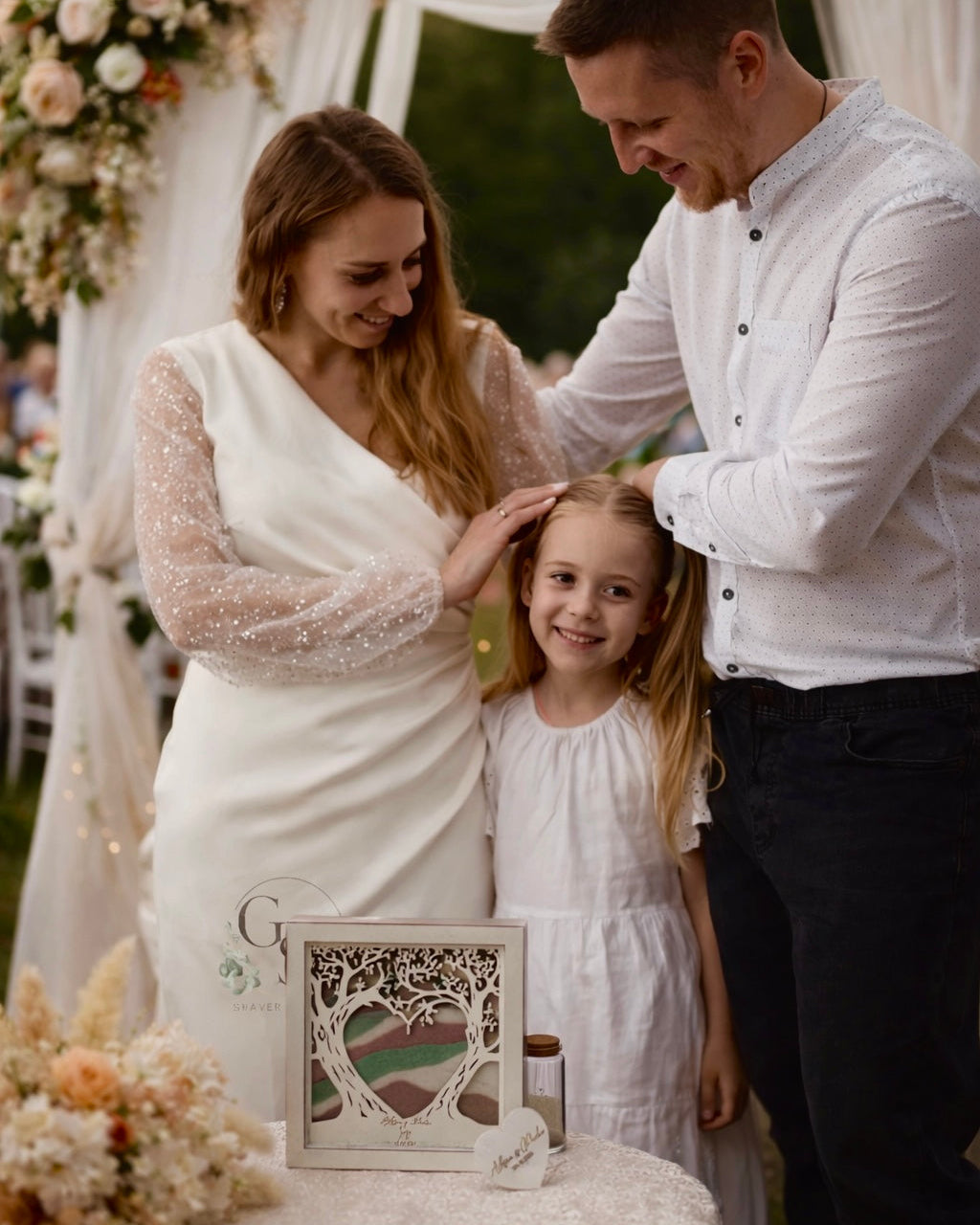 Unity sand ceremony with child, personalized family sand ceremony frame for blended family wedding ritual