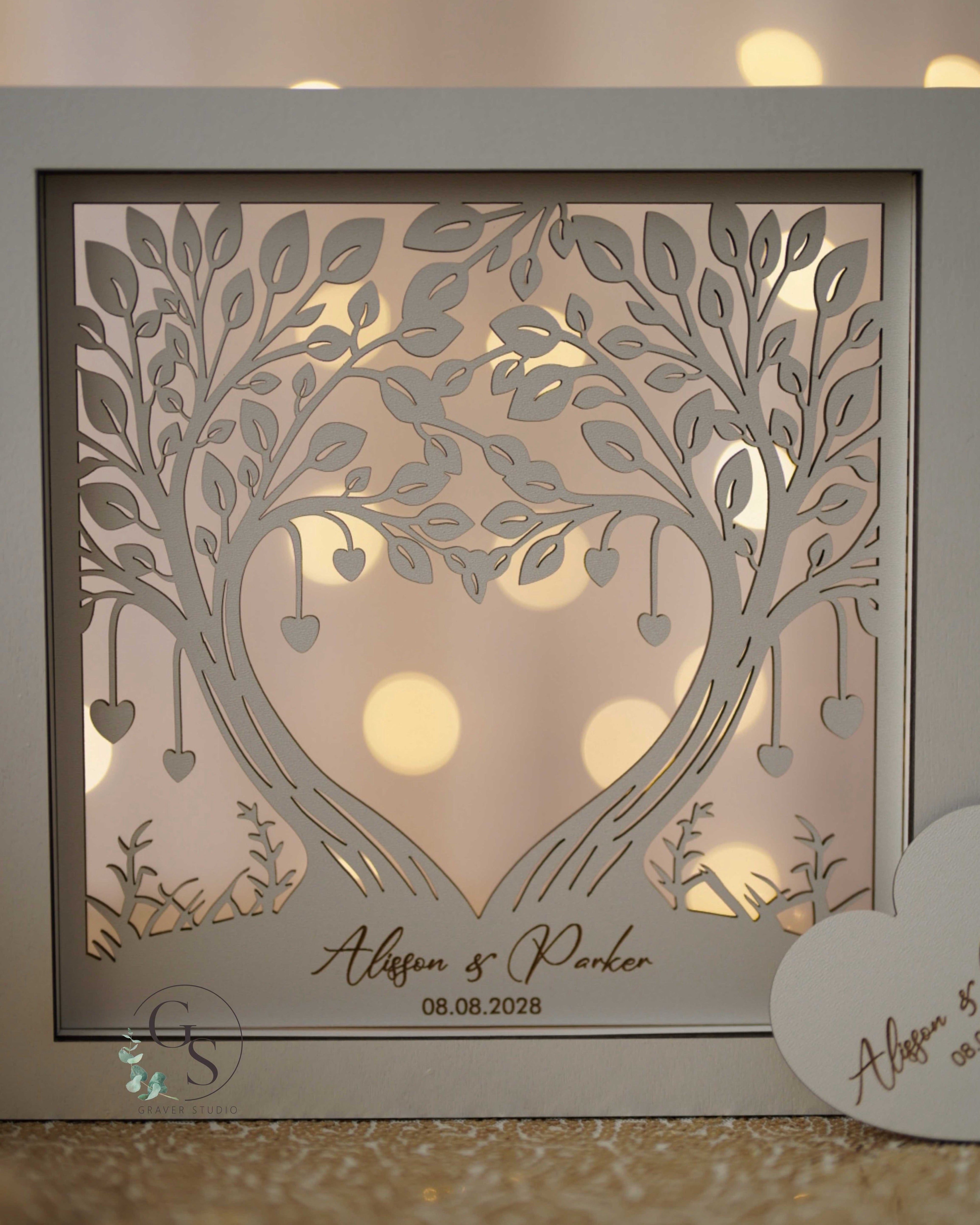 Rustic wedding unity sand ceremony decor with wooden tree design