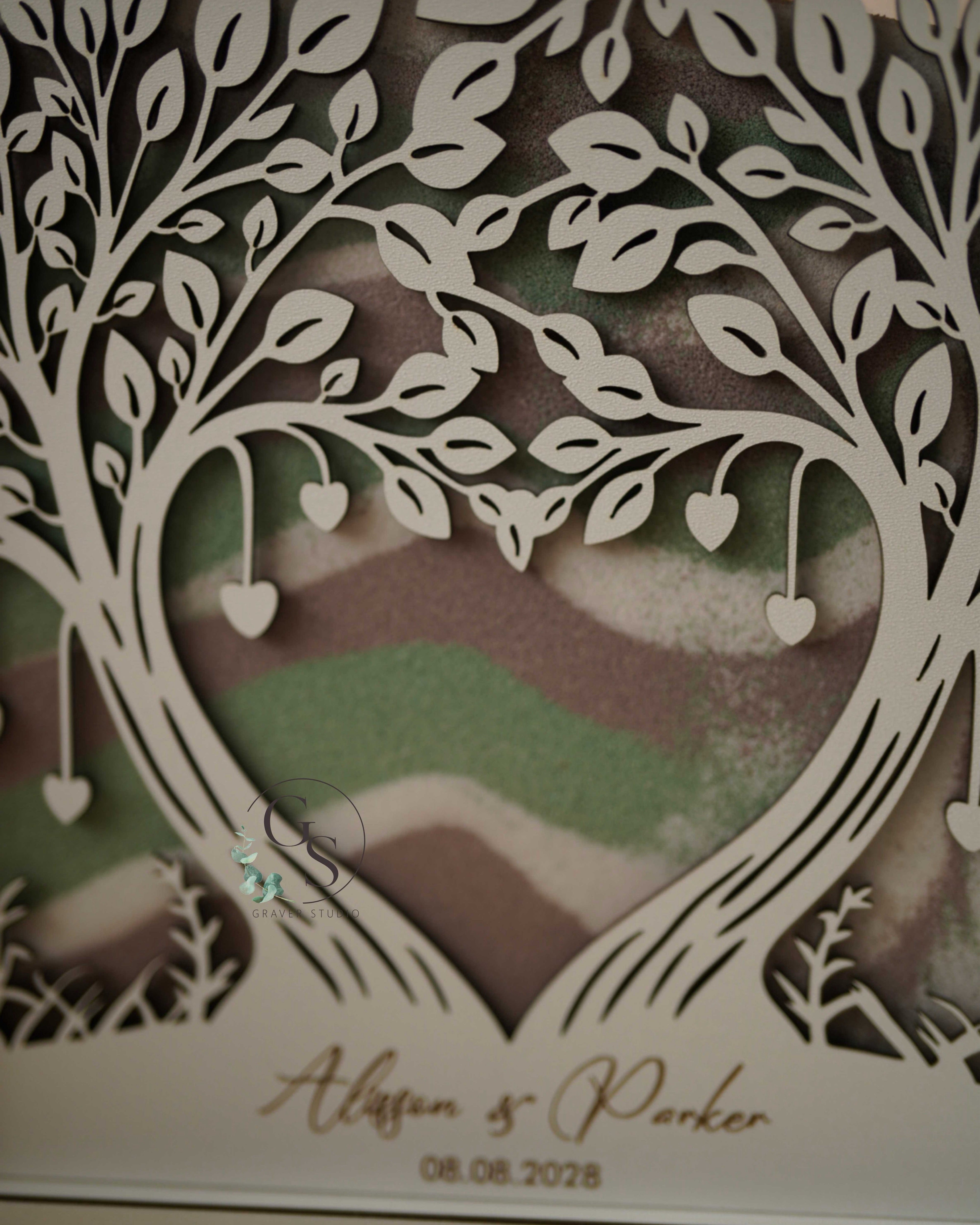 Family tree wedding sand ceremony frame with heart leaves