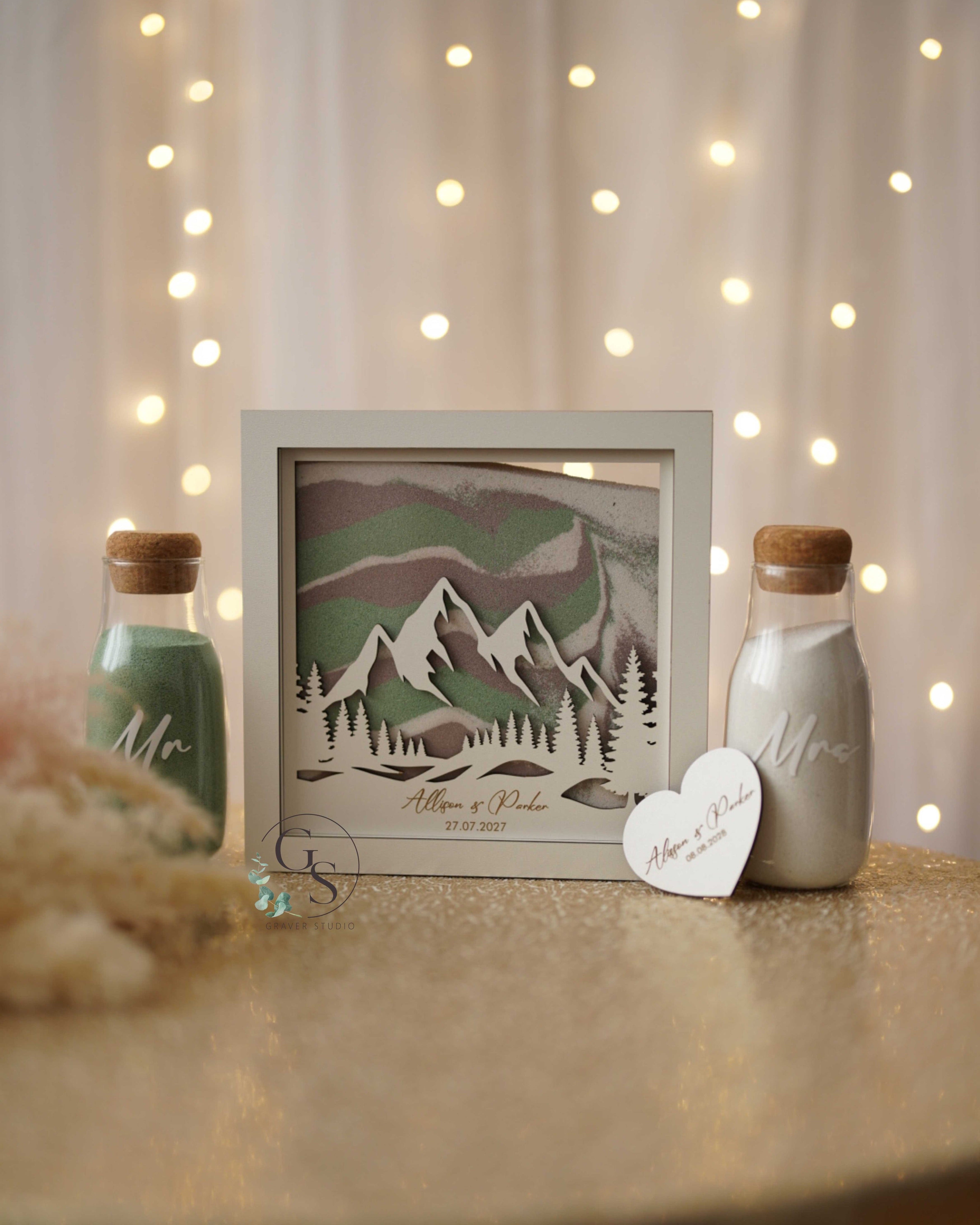 Handcrafted rustic mountain sand ceremony frame wedding