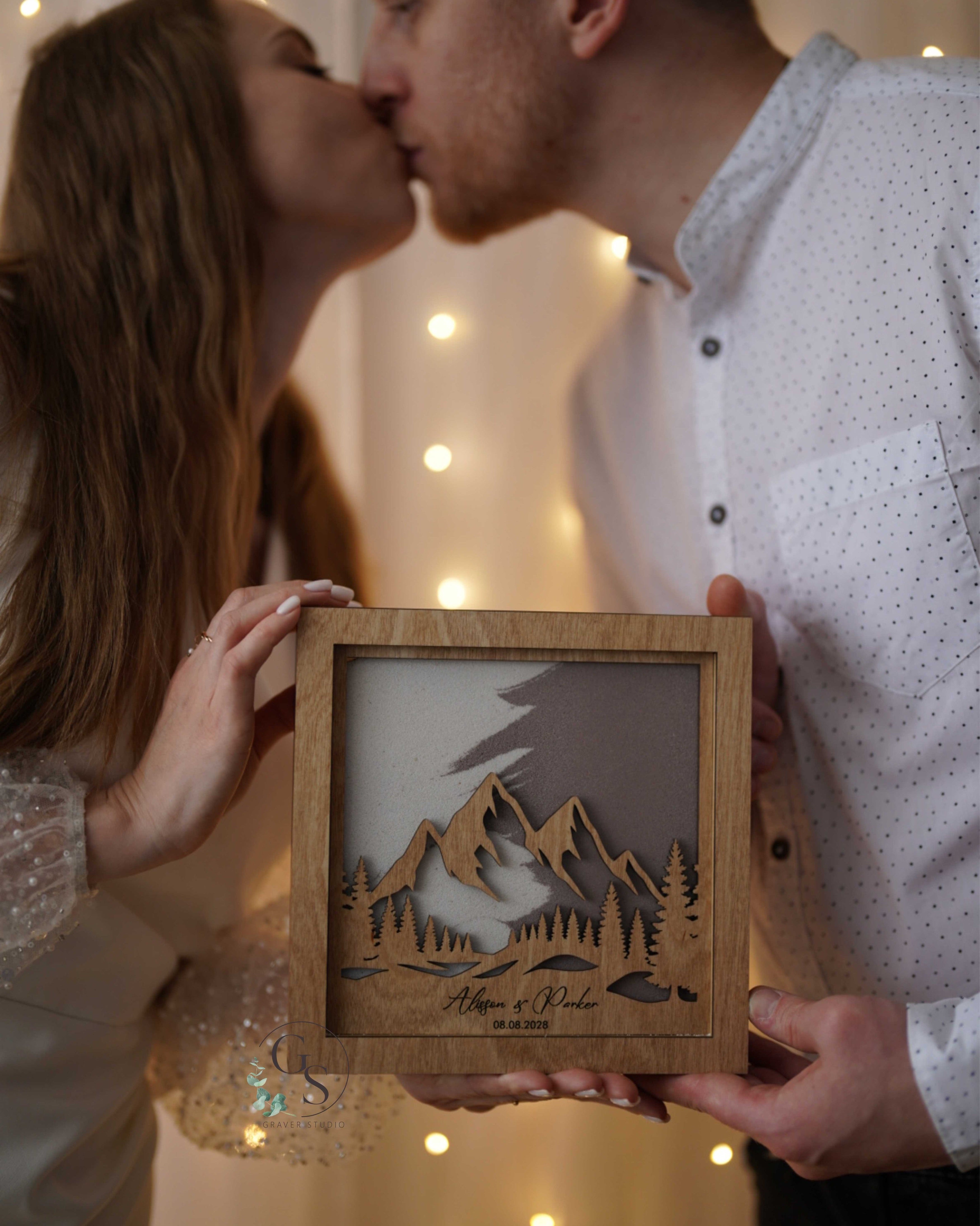 Personalized mountain sand ceremony frame for wedding unity ritual