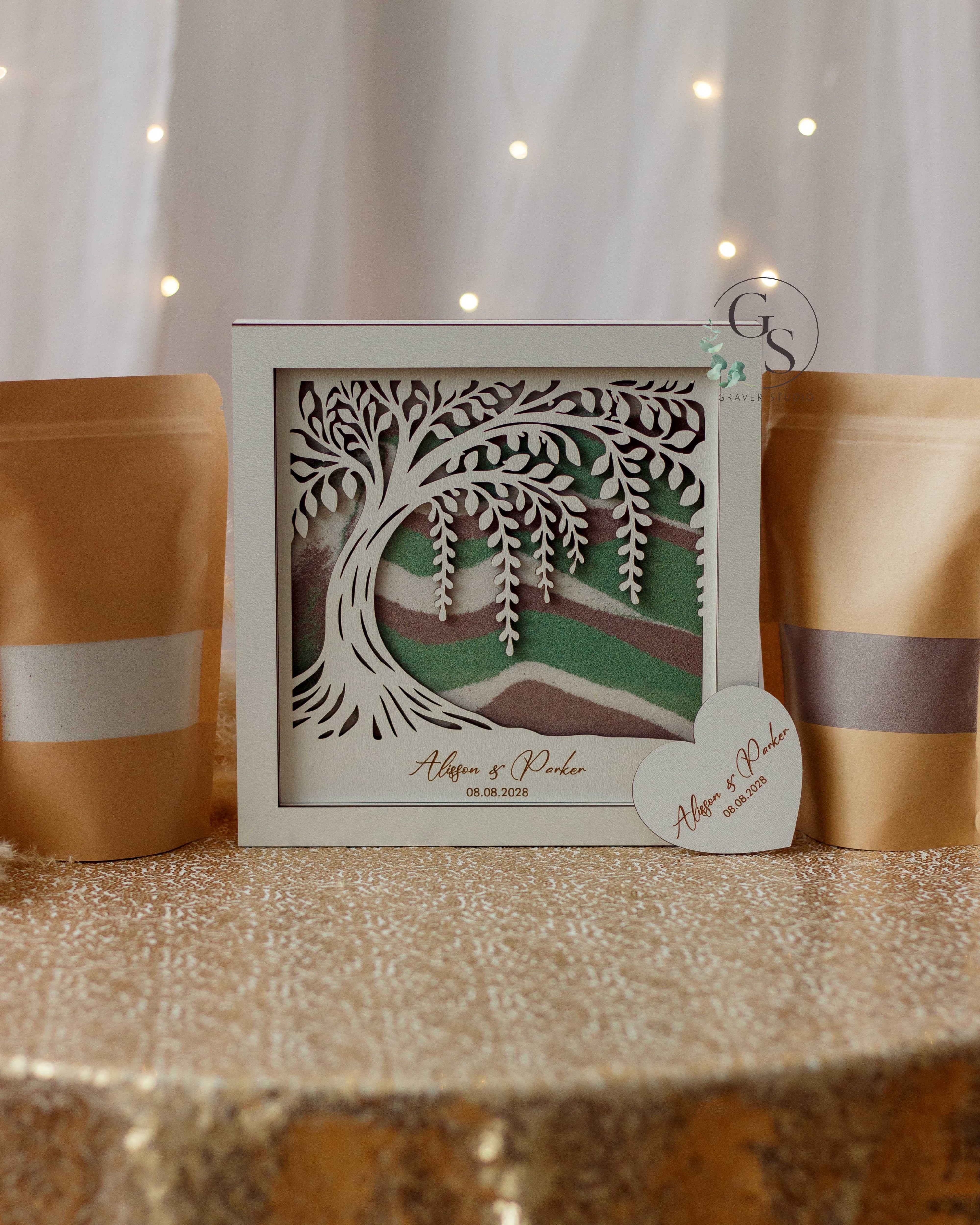 Romantic wedding sand ceremony shadow box with tree