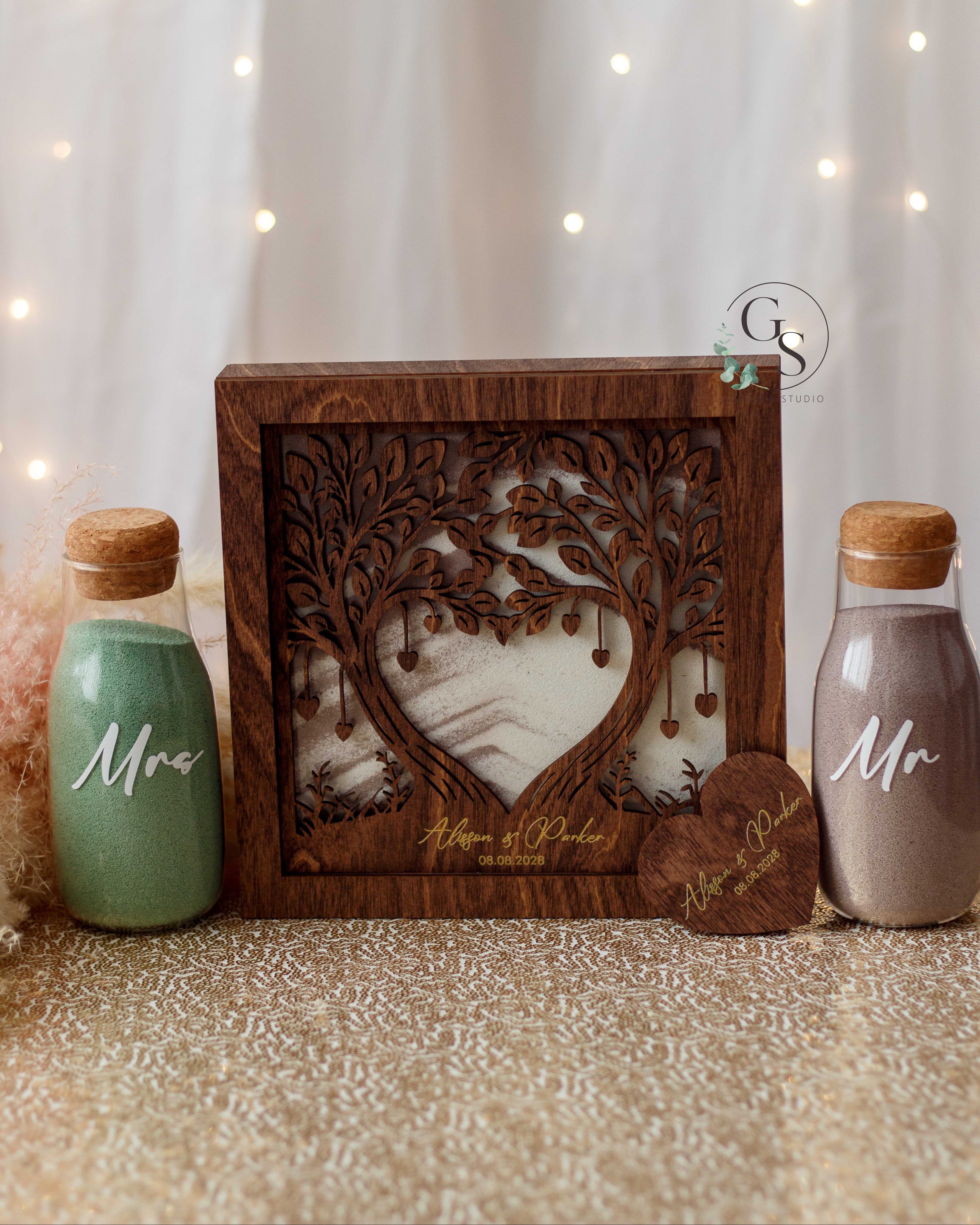 Romantic wooden sand ceremony frame with personalized text