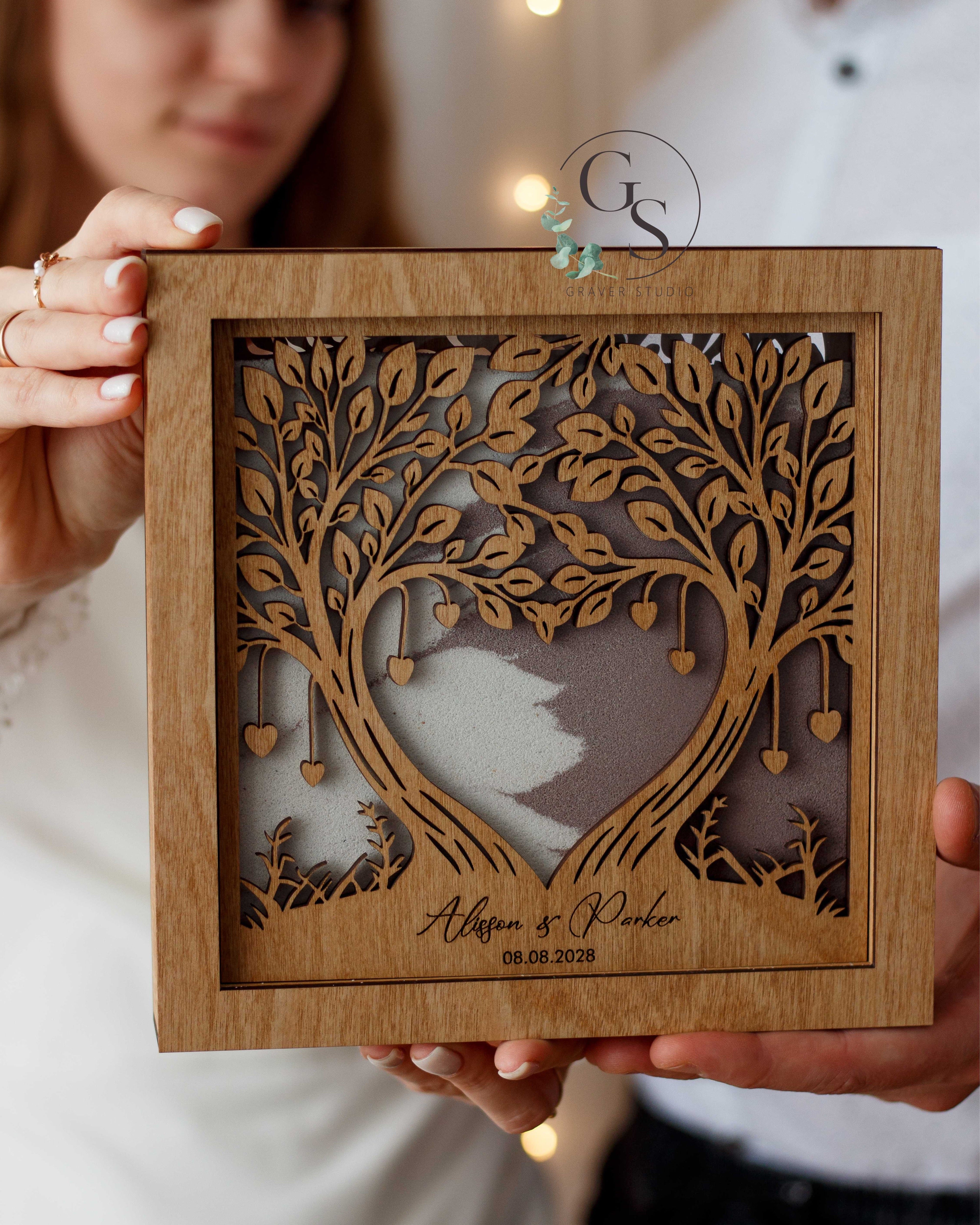 Rustic wooden sand ceremony set with tree of life design