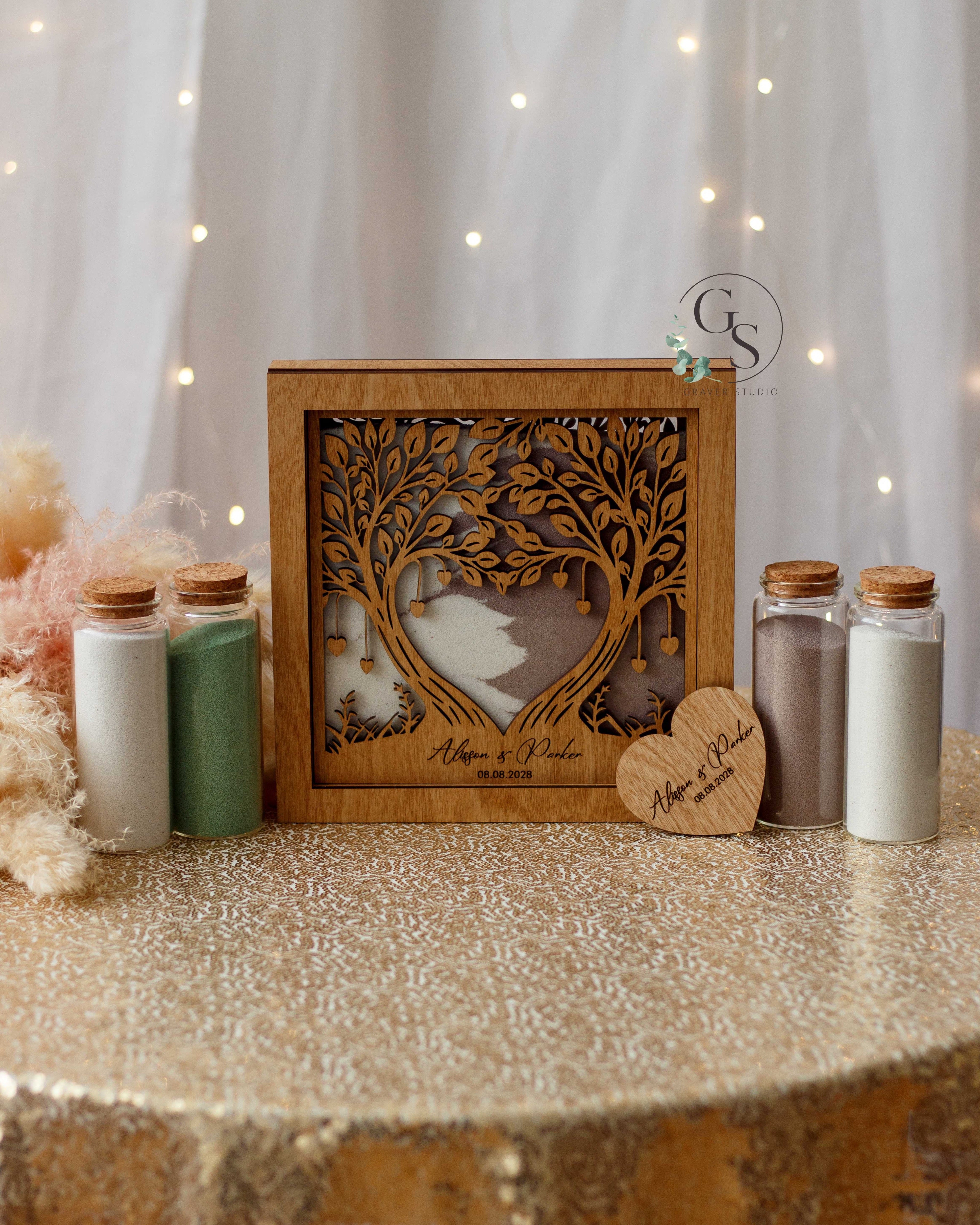 Romantic wedding sand ceremony kit with engraved wooden frame
