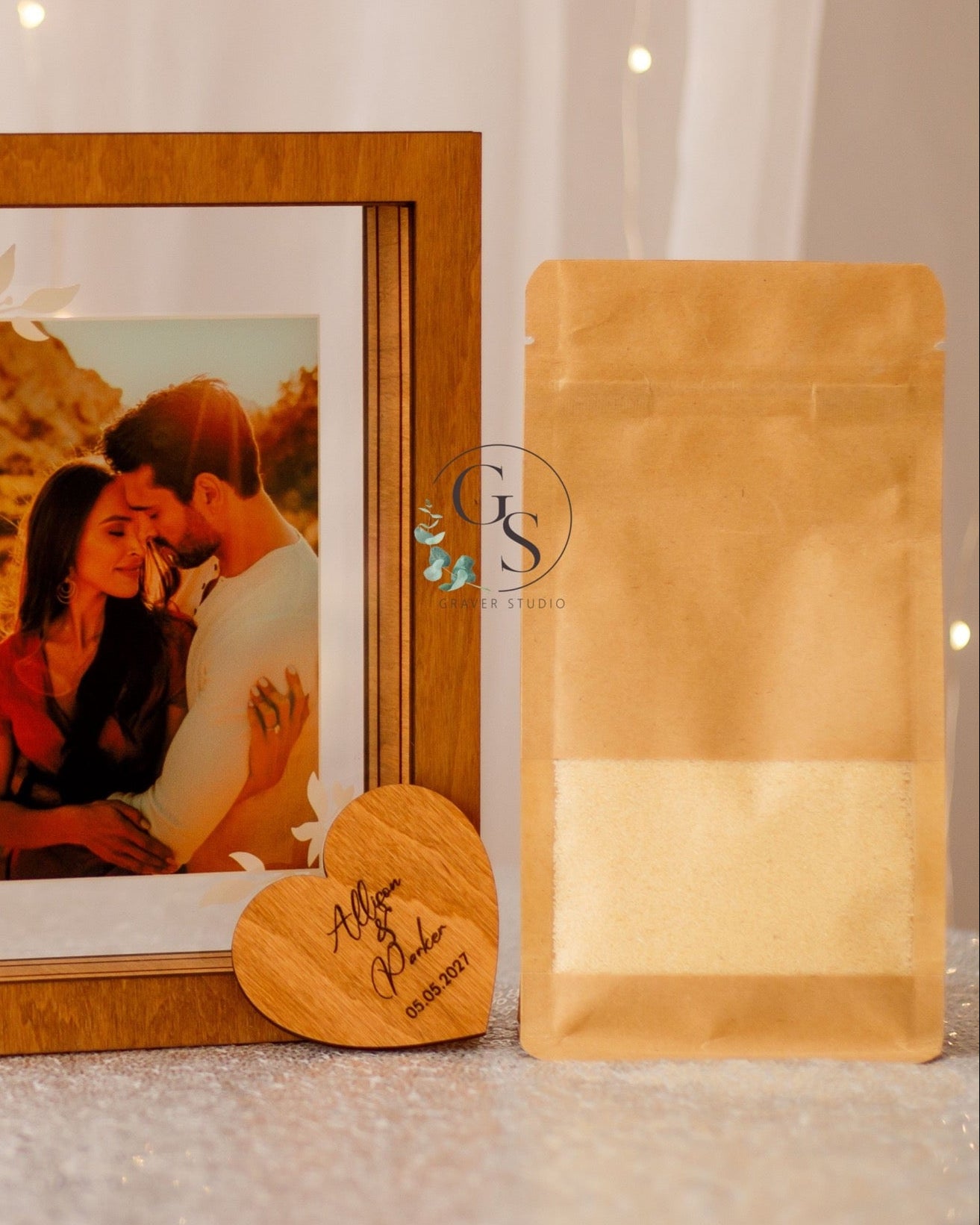 Custom wedding sand art frame with couple photo