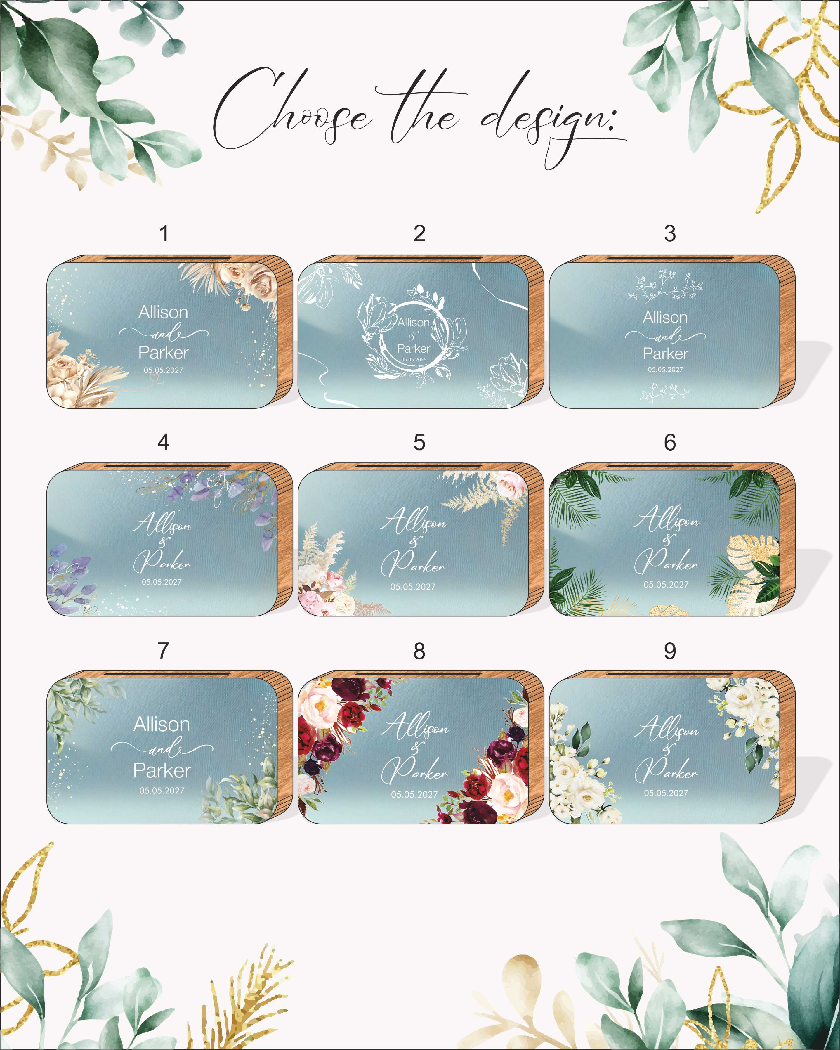 Personalized Wooden Wedding Card Box with Print (Rectangular Shape)