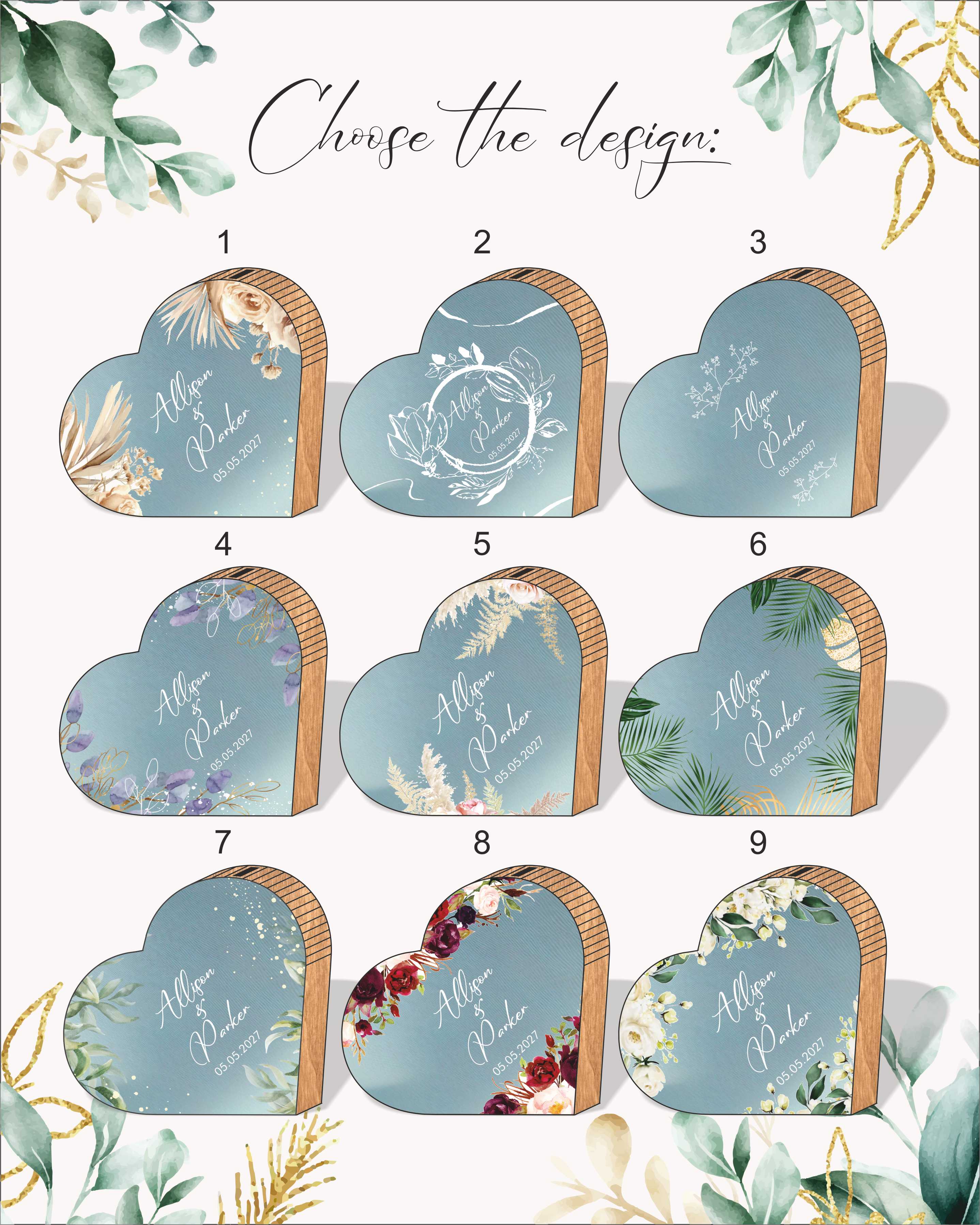 Personalized Wooden Wedding Card Box with Print (Heart Shape)