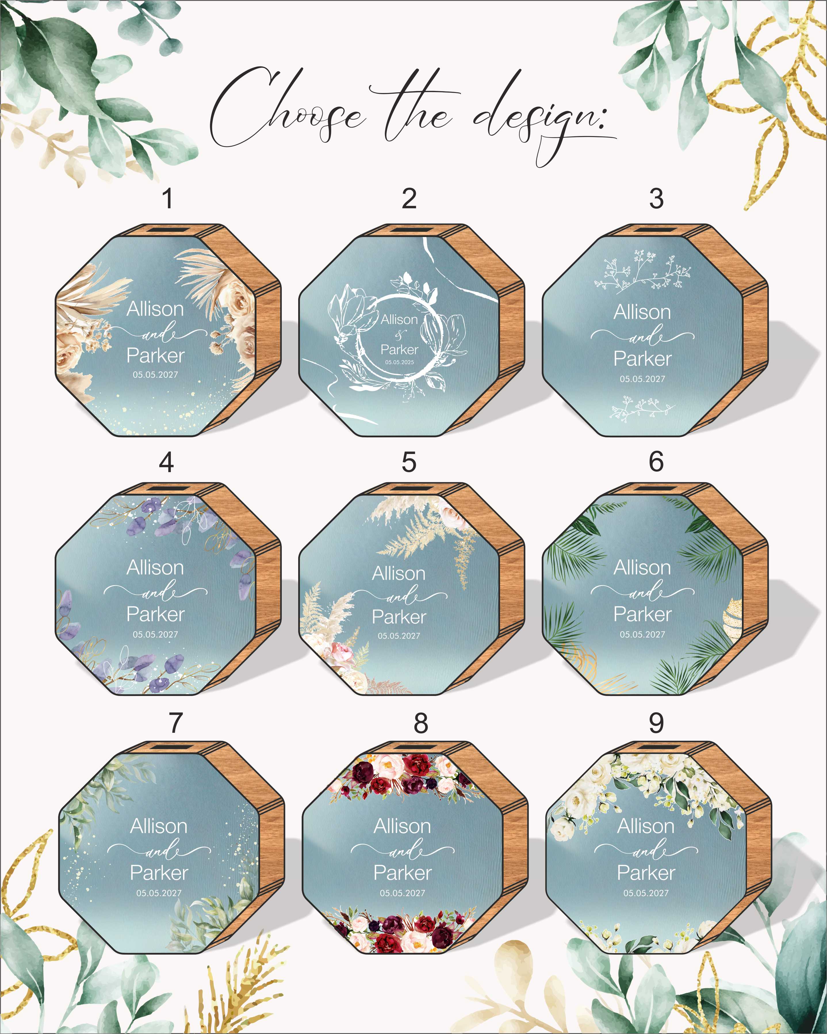 Personalized Wooden Wedding Card Box with Print (Оctagon Shape)