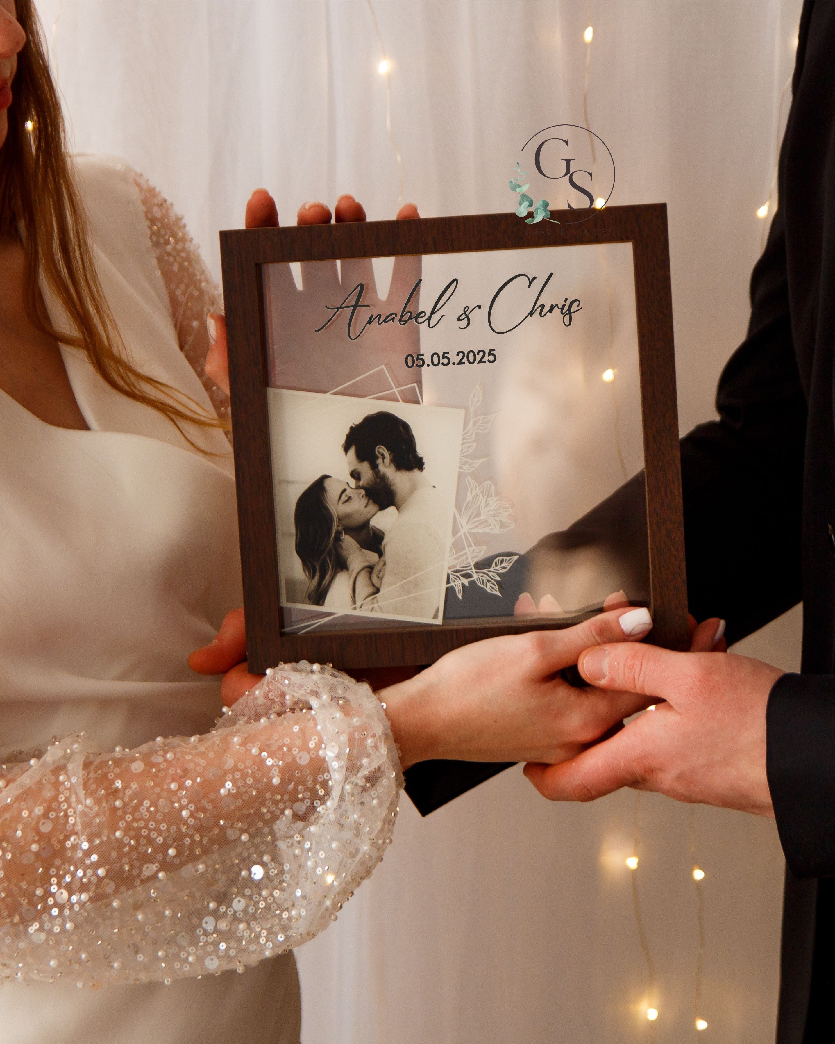 Custom wedding unity frame with sand layers and photo