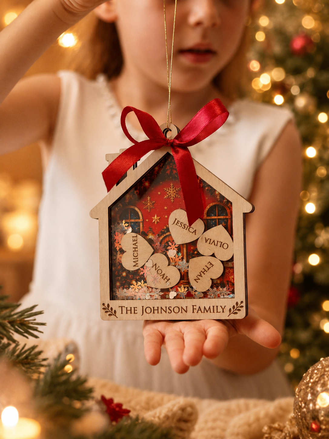 Personalized Family Christmas Ornament – Custom Wooden House with Names