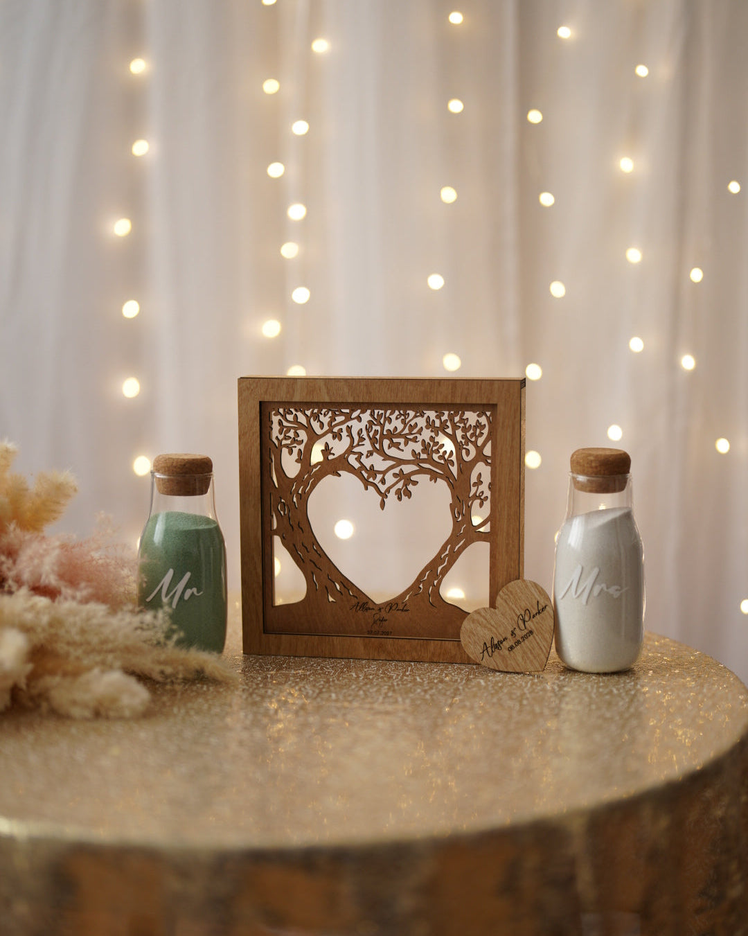 Unity sand ceremony shadow box frame for wedding with bottles and heart tree cutout