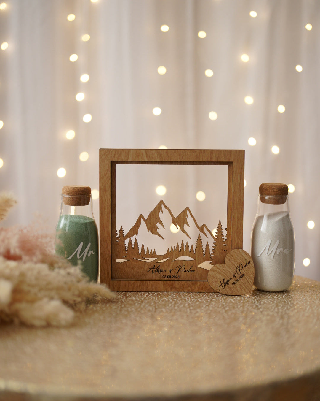Rustic mountain sand ceremony shadow box with forest landscape