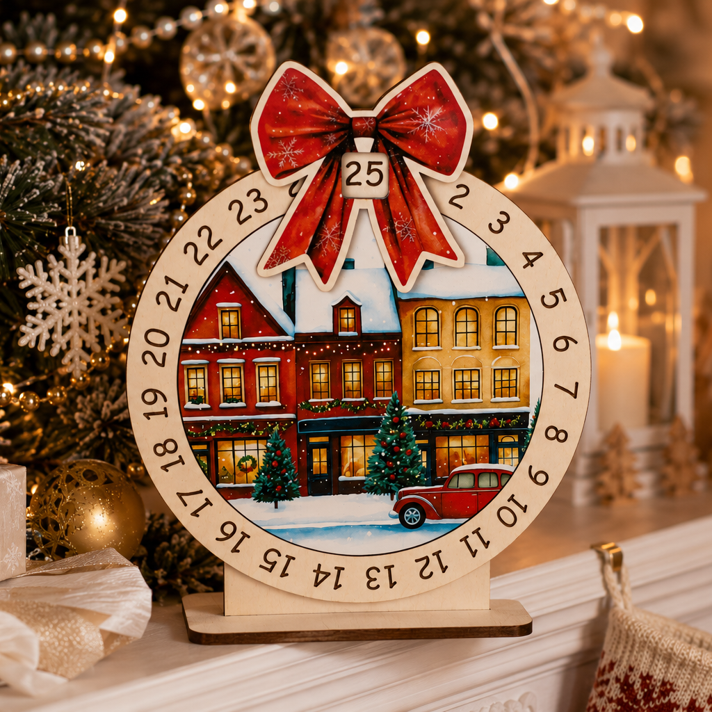 Little girl moving the countdown marker on a reusable wooden Christmas advent calendar decorated with festive winter houses.