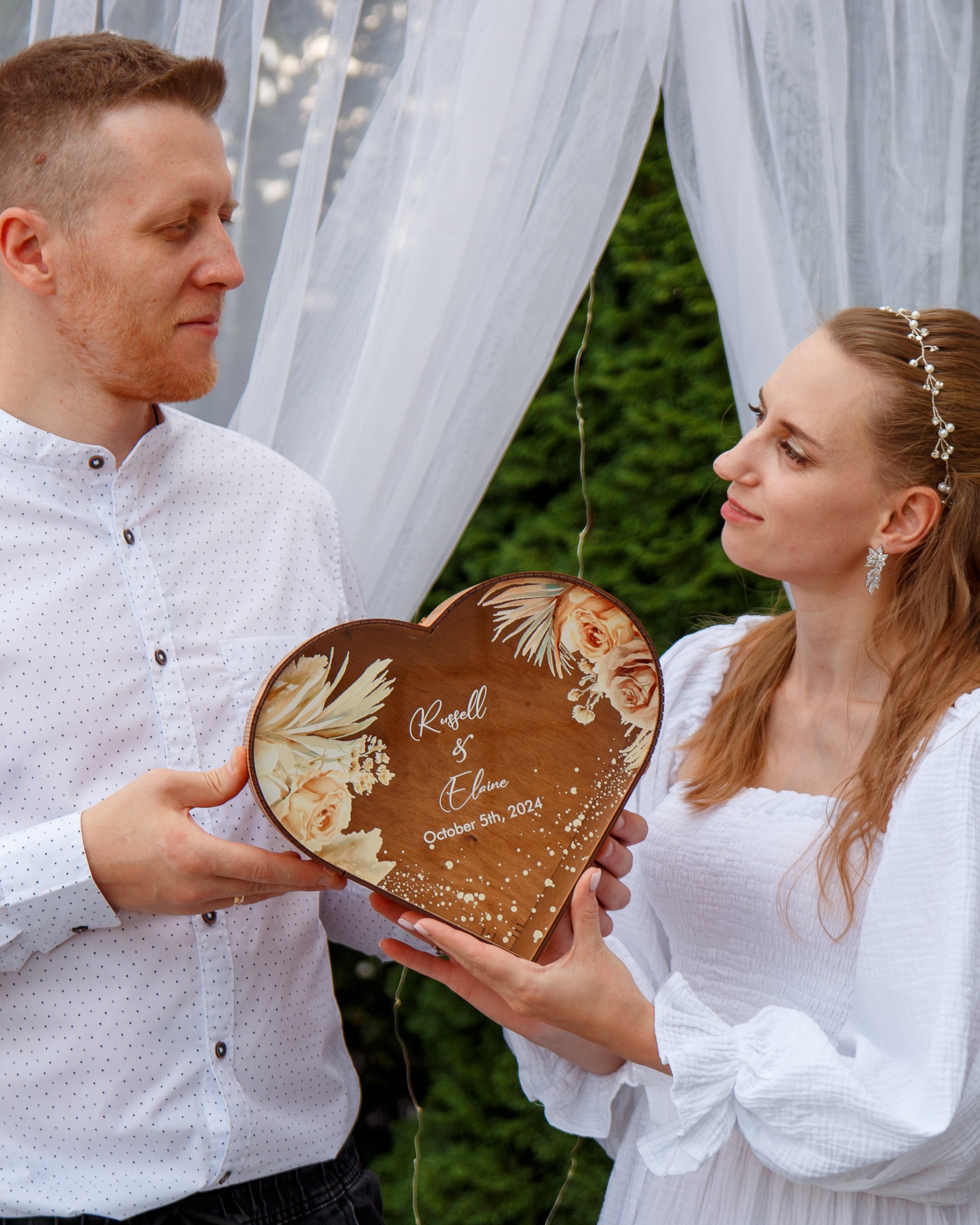Natural wood wedding money box in heart shape