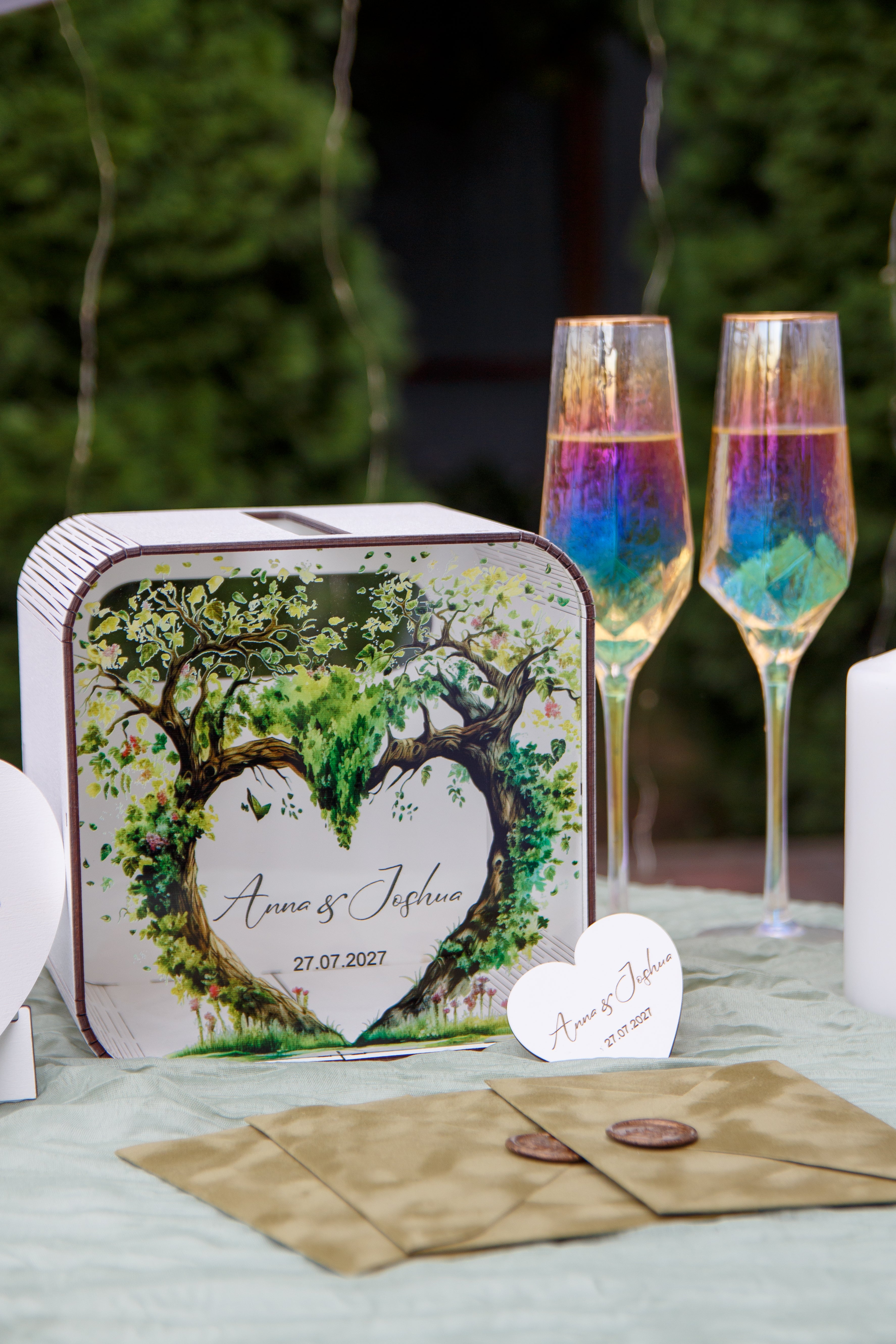 Wedding envelope box with personalized names and date