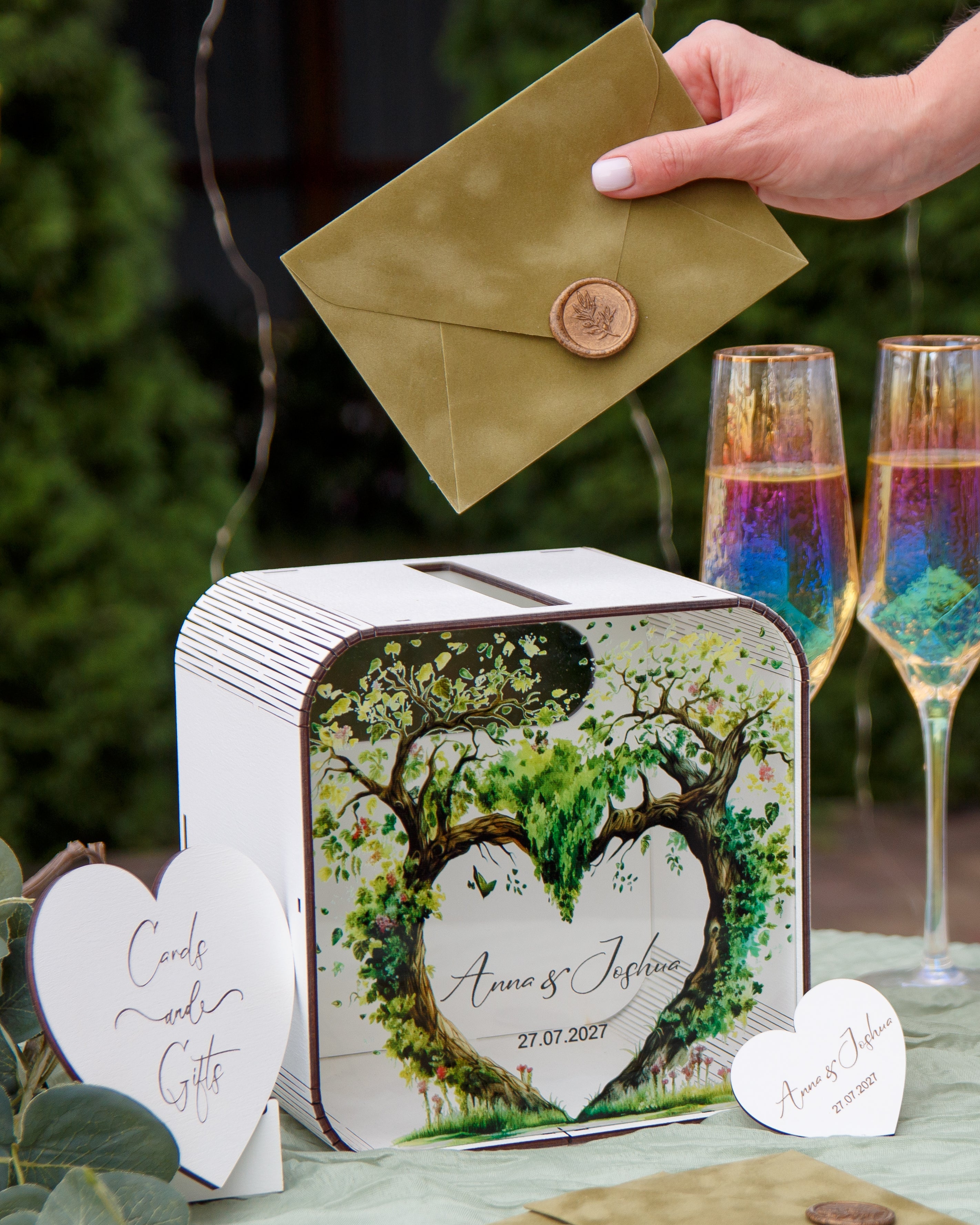 Personalized wooden wedding card box with heart tree design