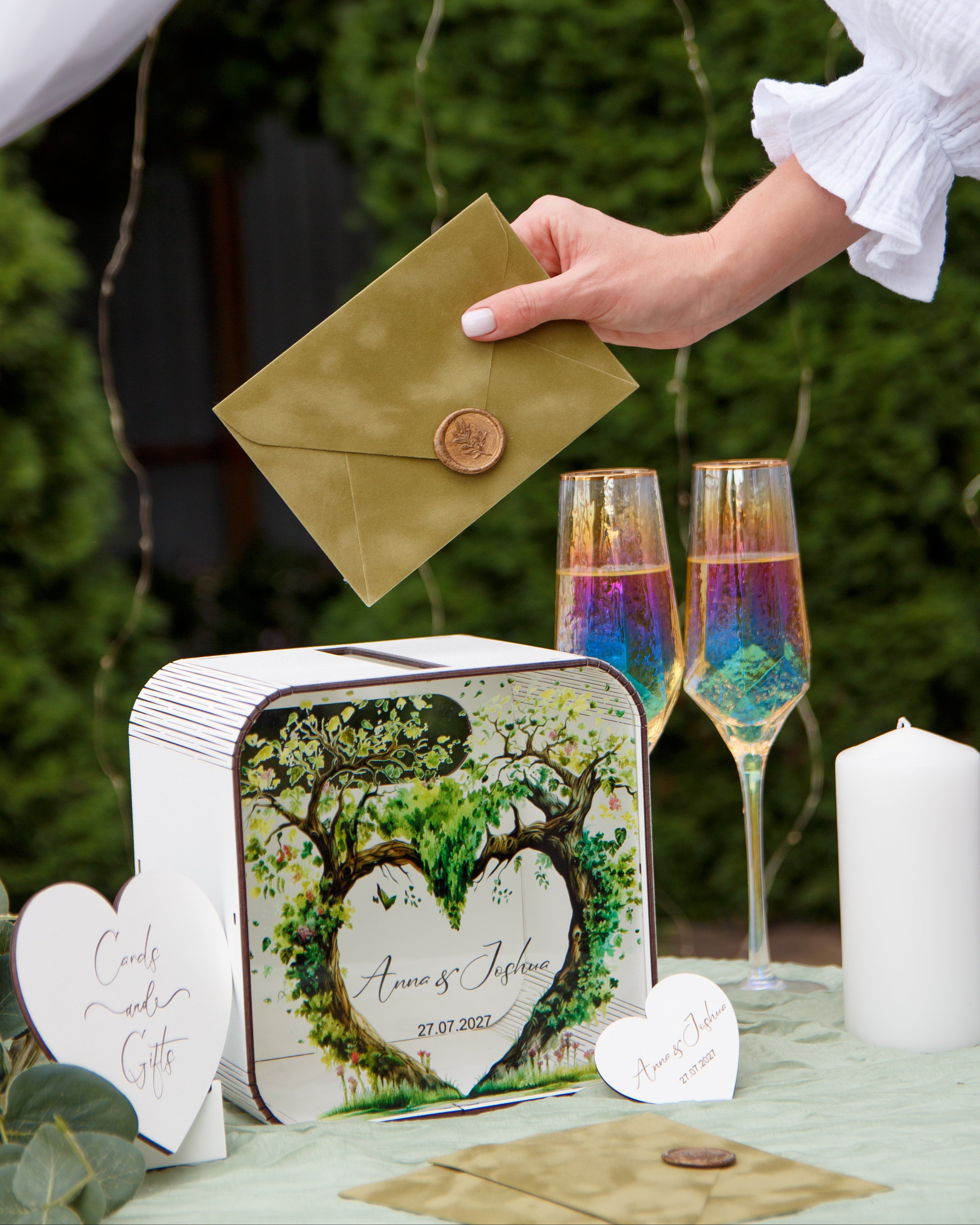 Handmade wooden card holder box for wedding cards