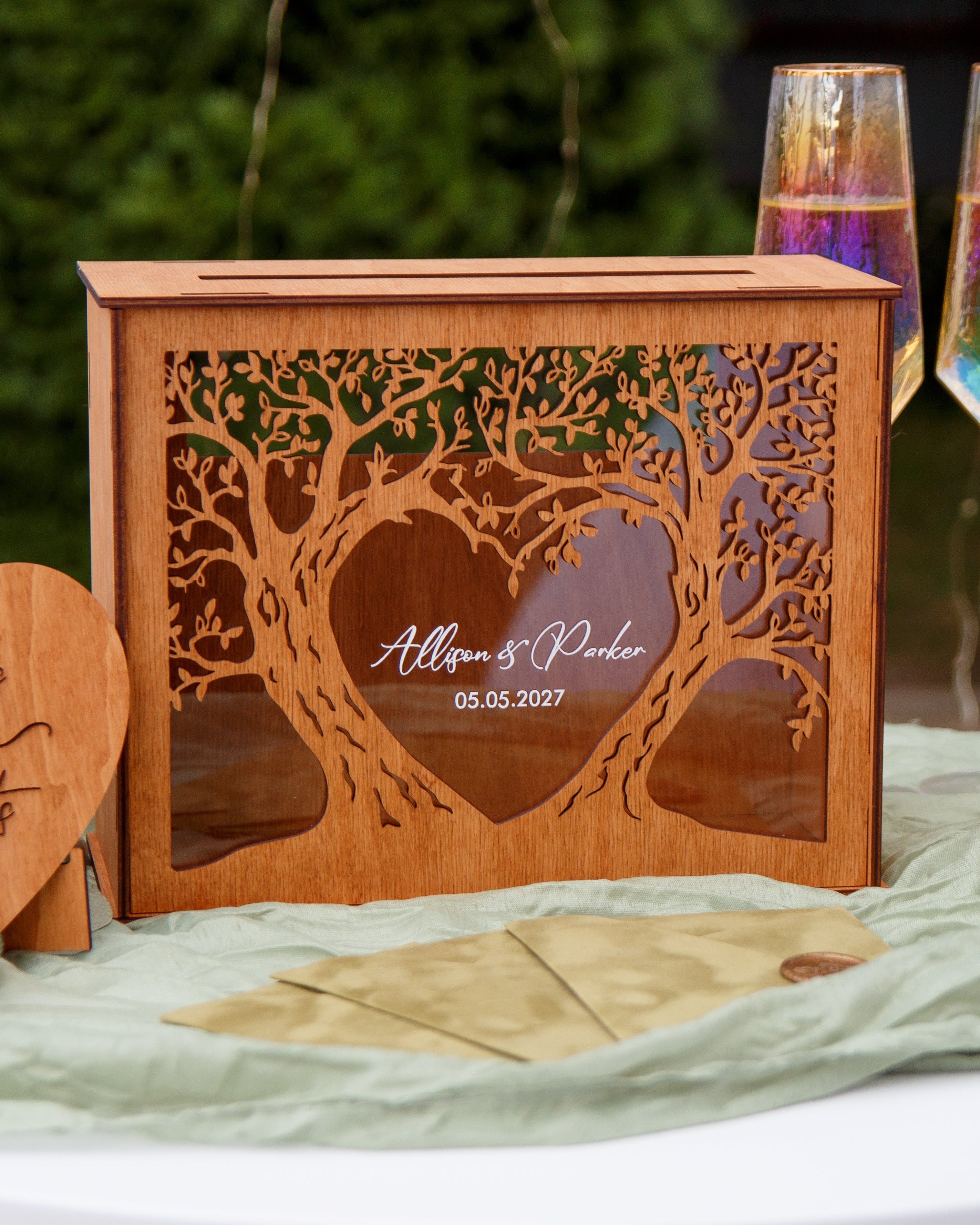 Custom engraved wooden wedding card box with names and date
