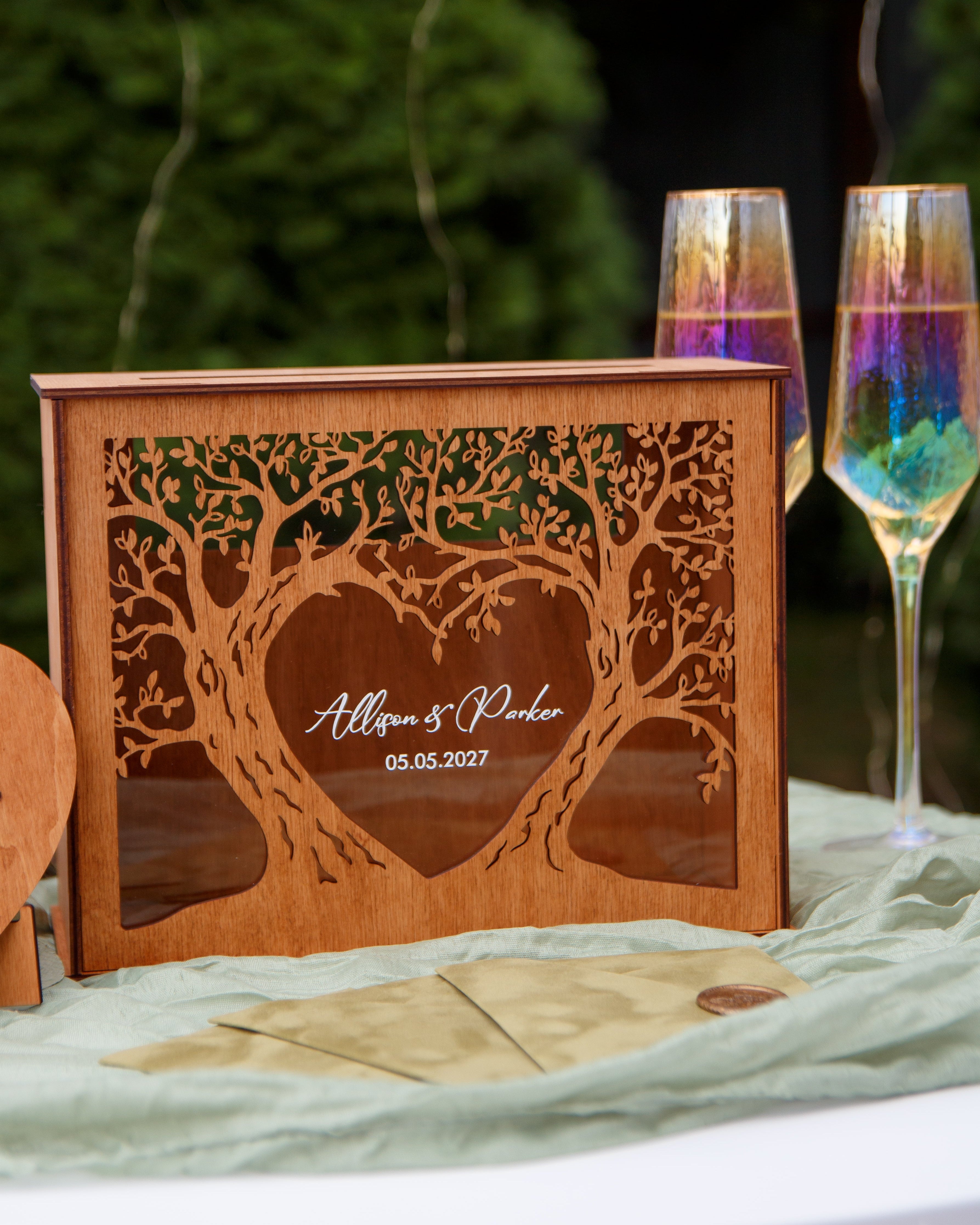 Handmade wooden wedding card box with heart cutout design