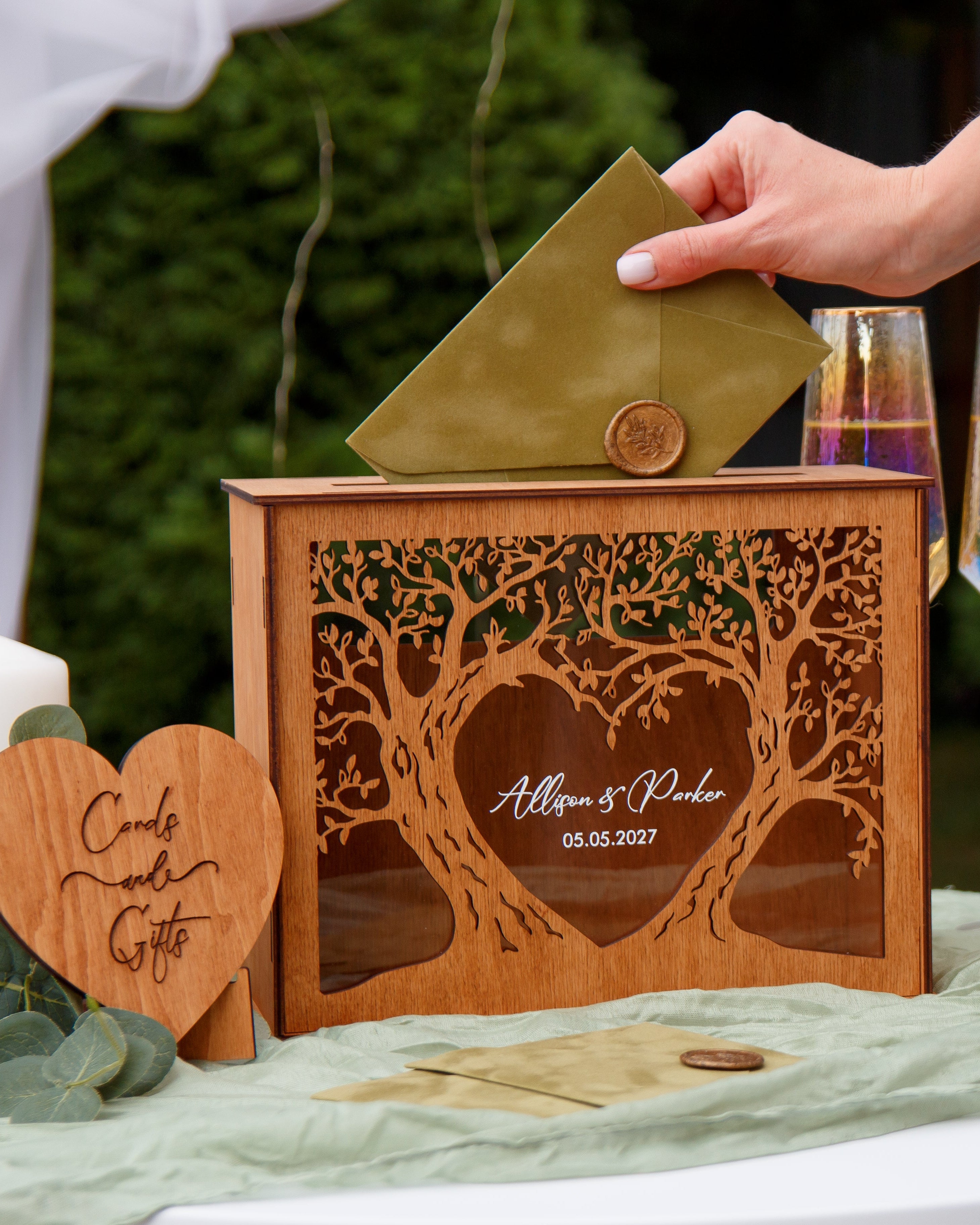 Personalized wooden card box for wedding envelopes and gifts