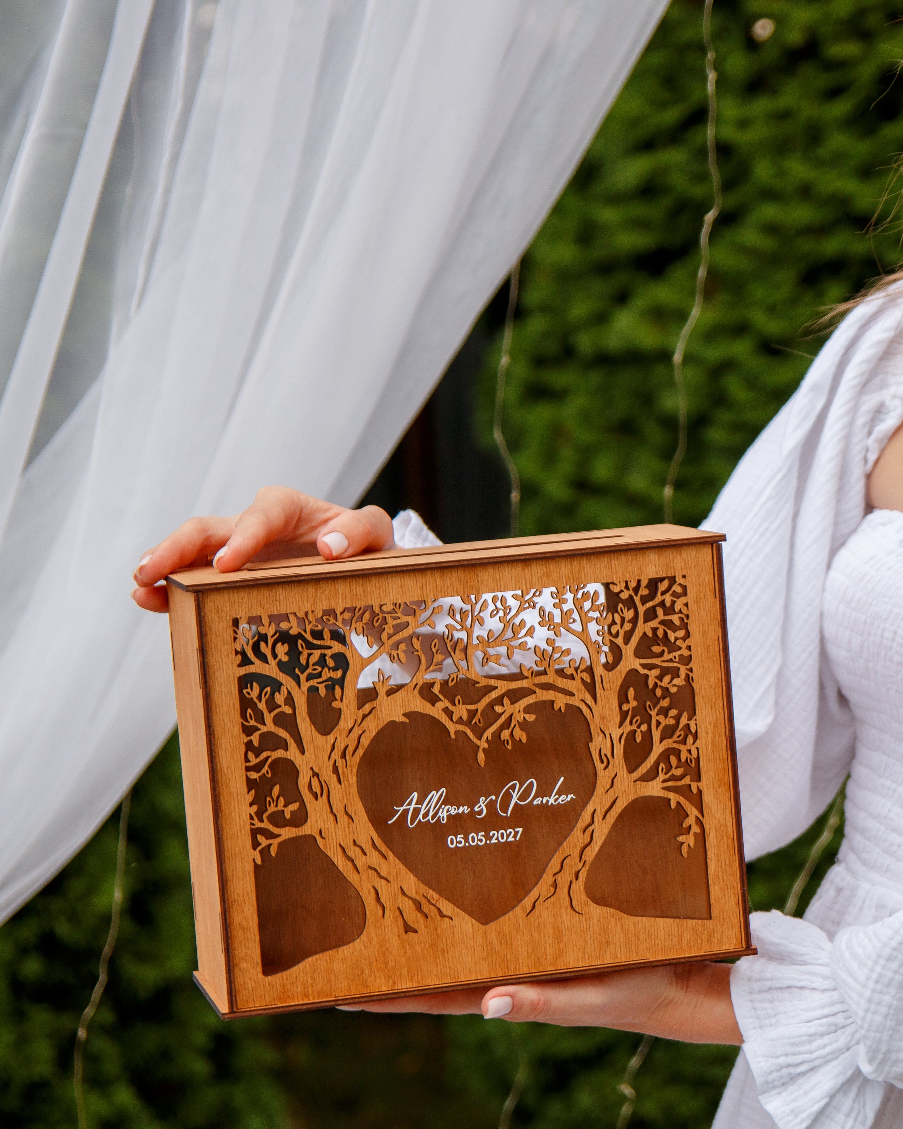 Wooden money box for wedding cards with custom engraving