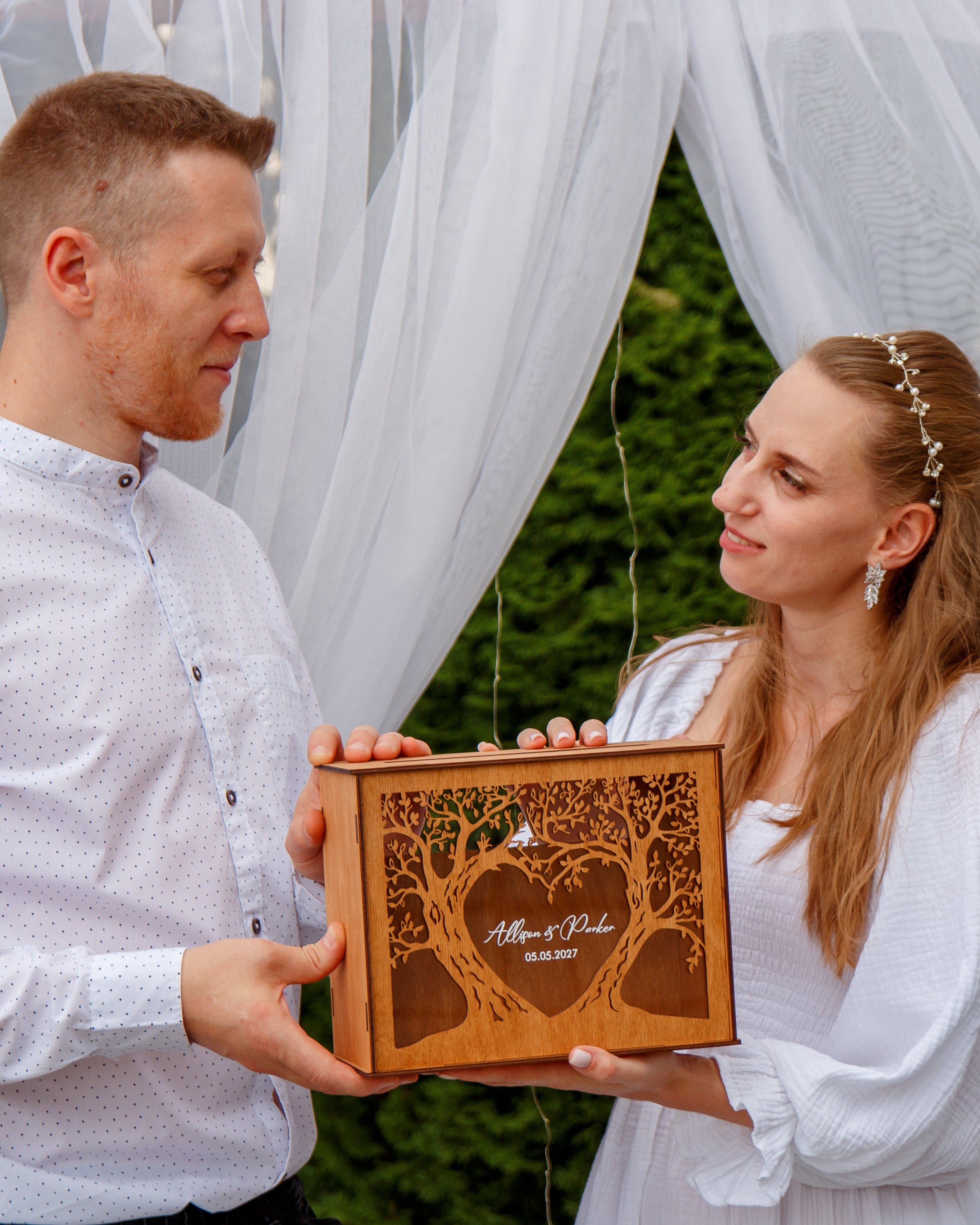 Unique wooden wedding card box with romantic tree artwork