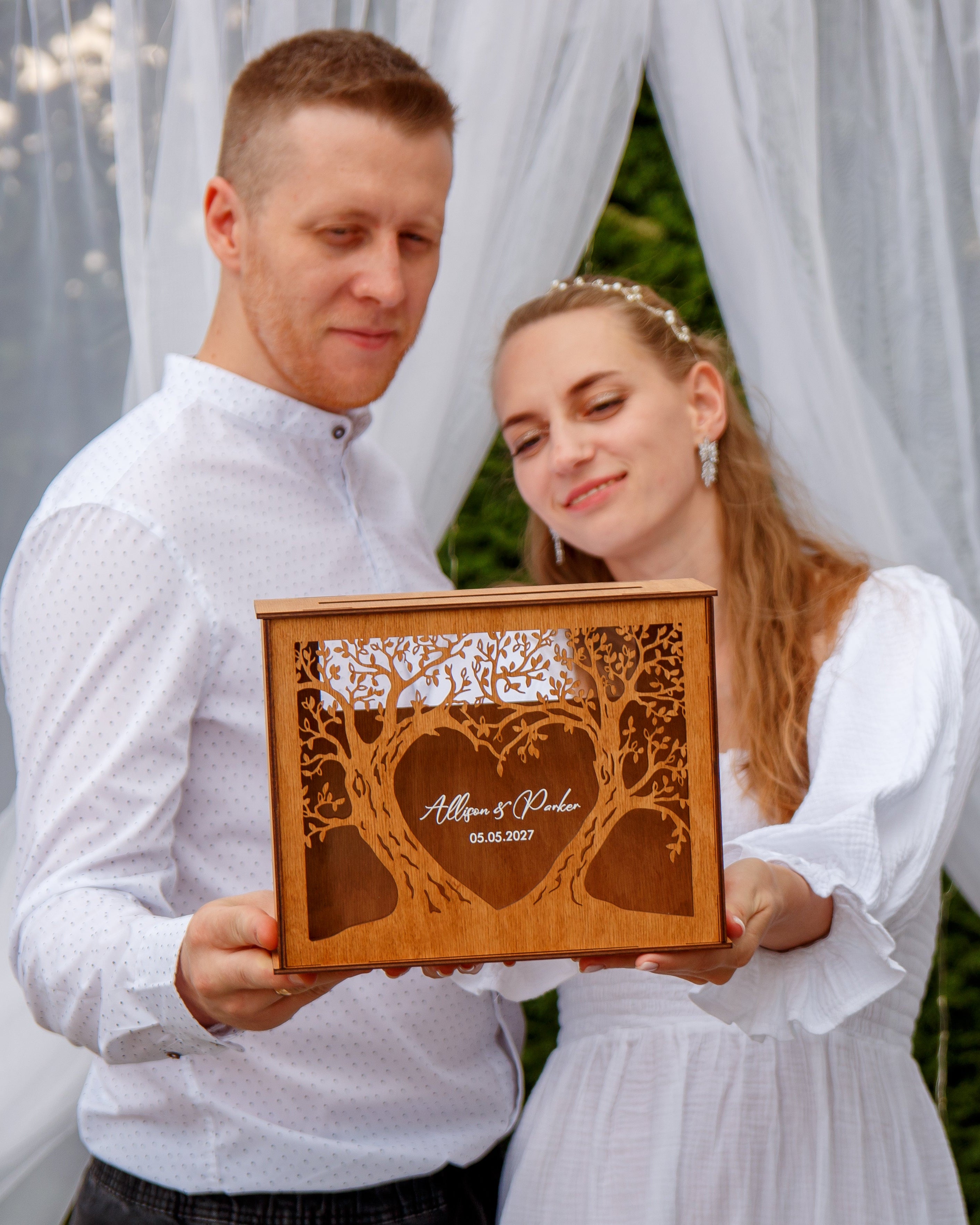 Wedding card collection box in rustic wooden style