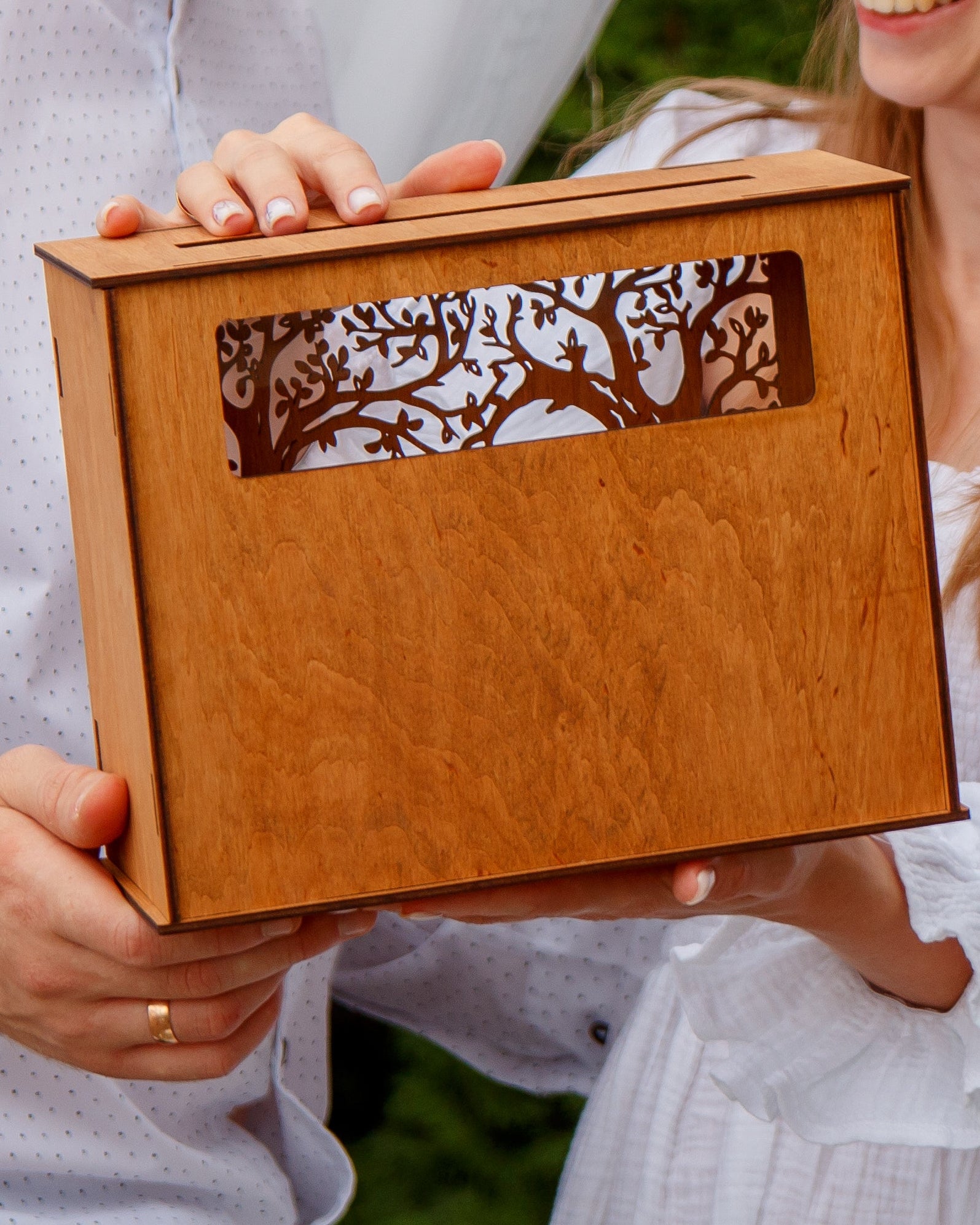 Wedding reception envelope drop box in natural wood