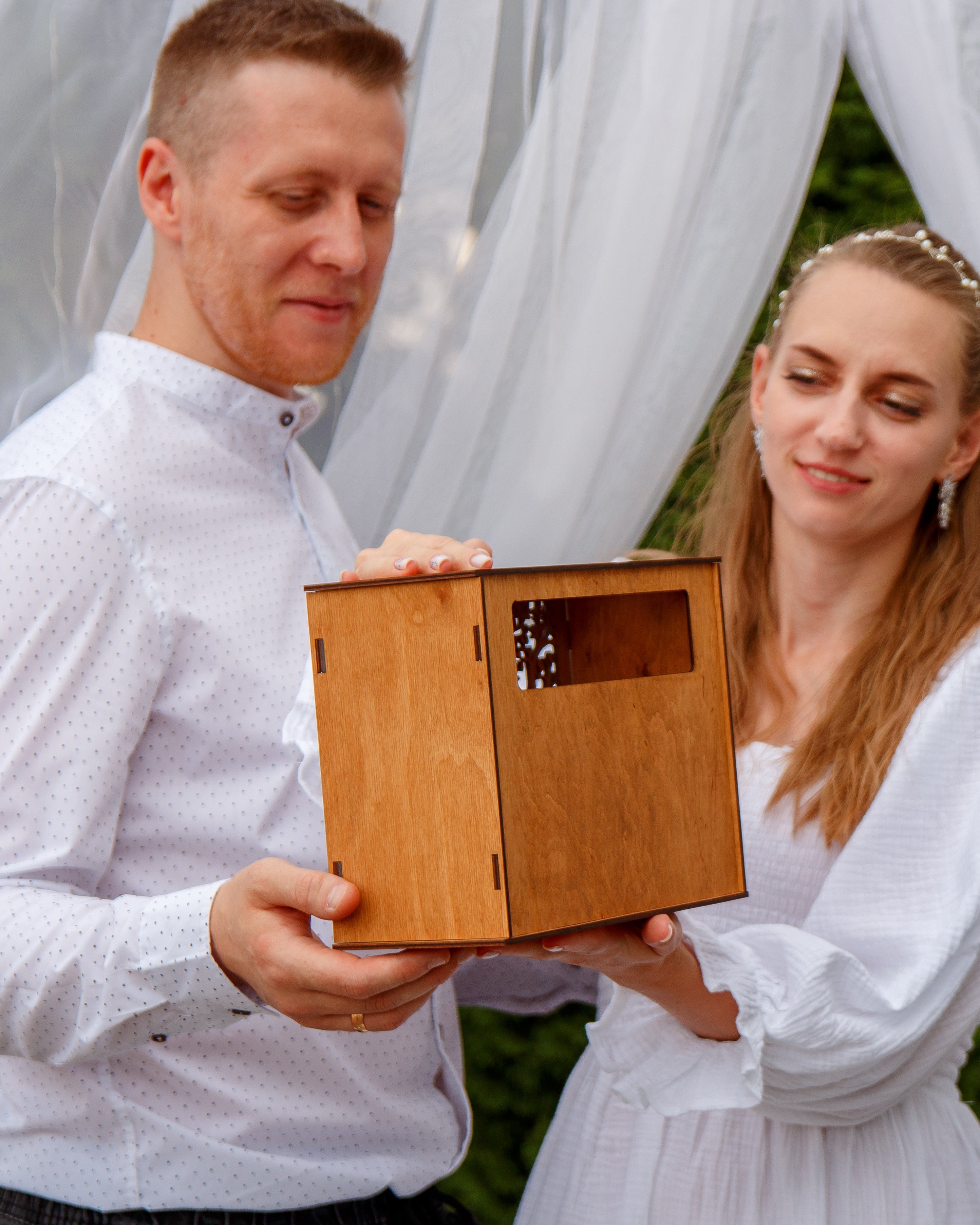 Custom wedding card holder with engraved names and date