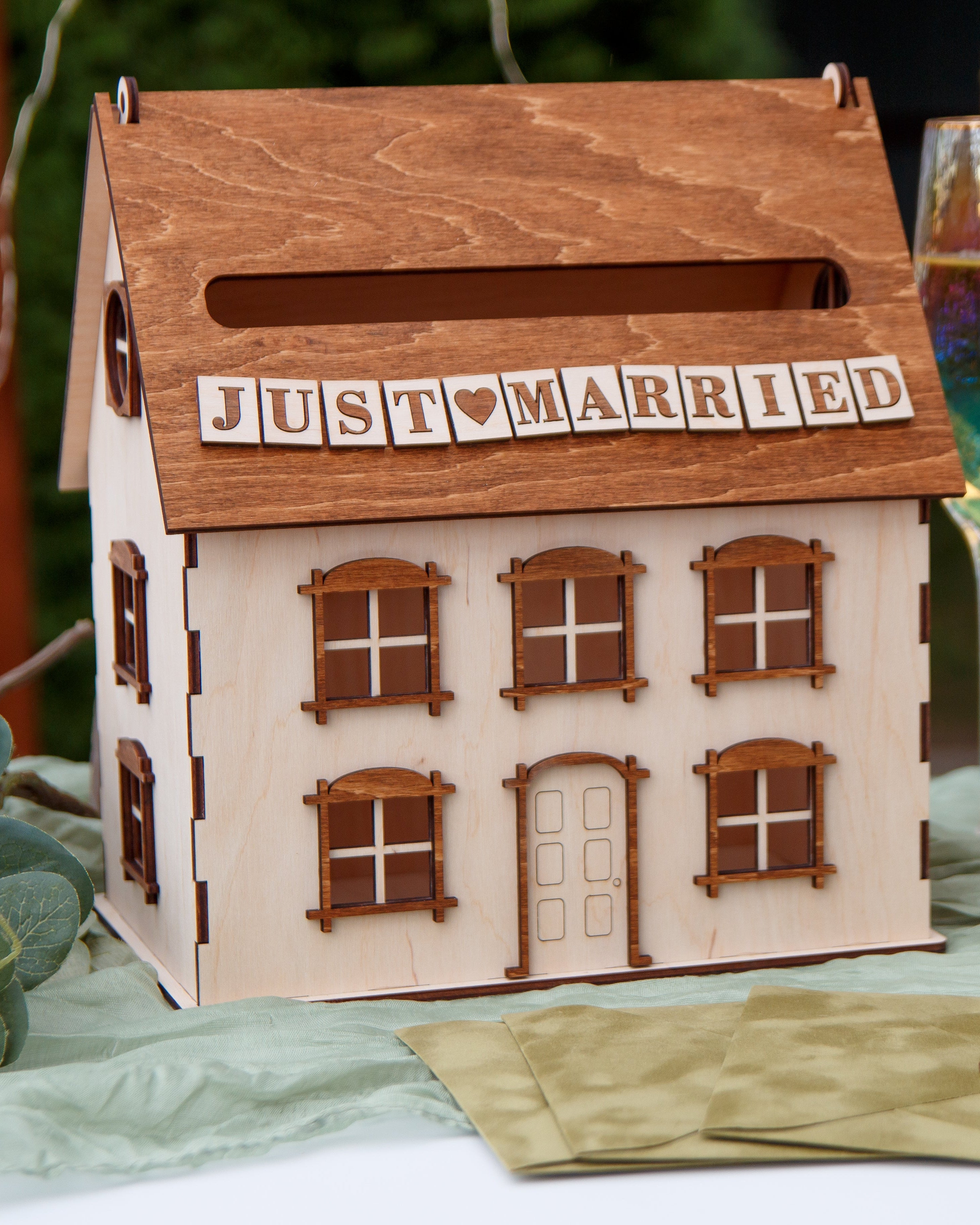 Wooden wedding card box house Just Married envelope holder