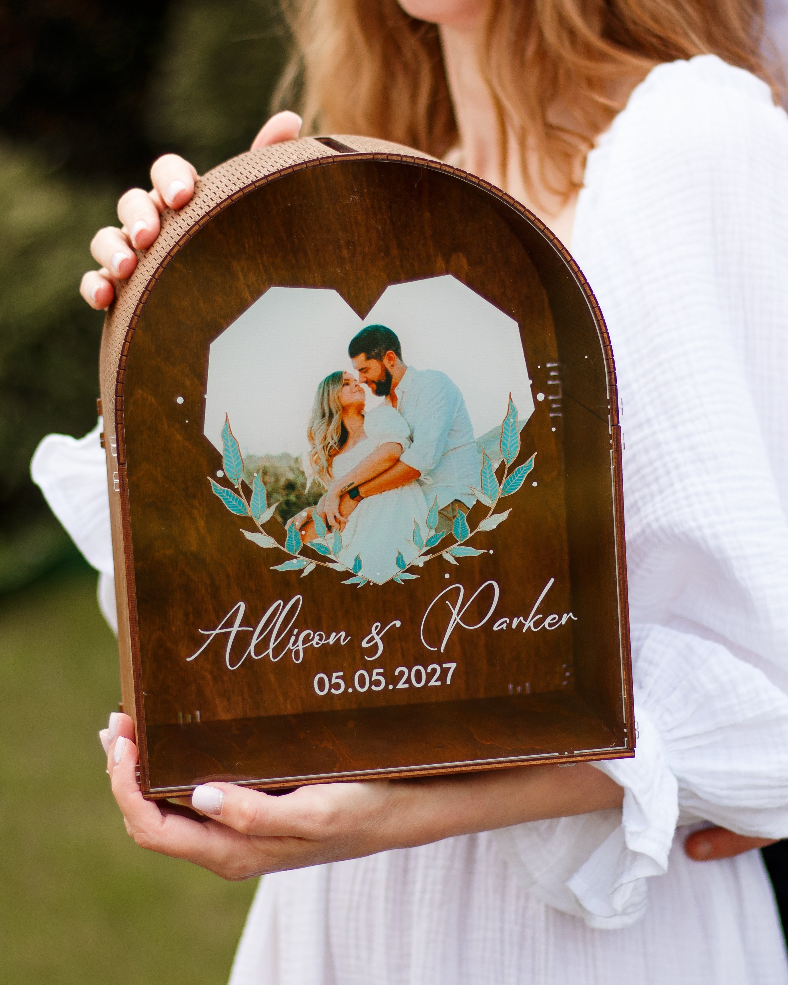 Custom photo wedding card box with heart design