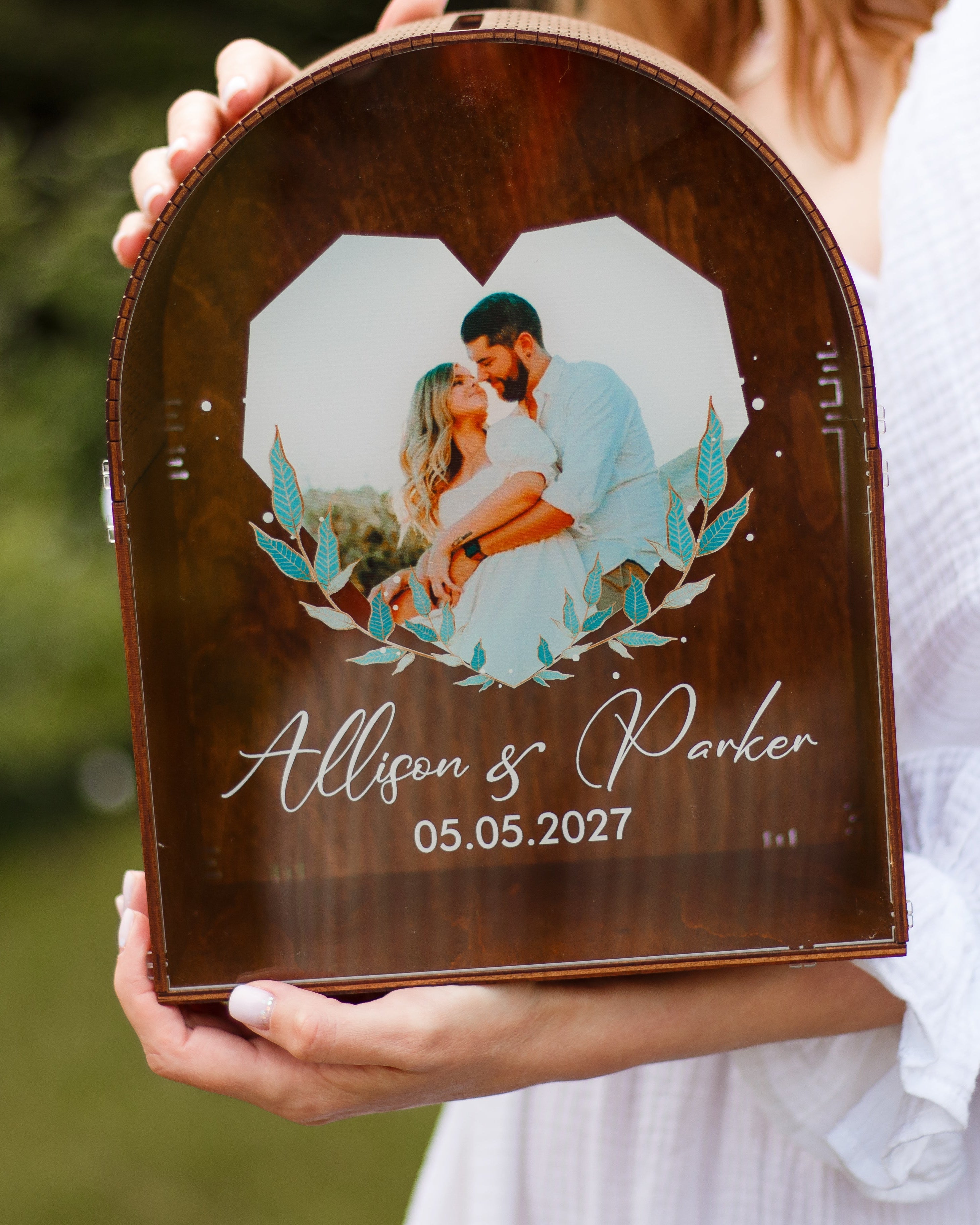 Rustic wooden wedding card box for envelopes with acrylic front