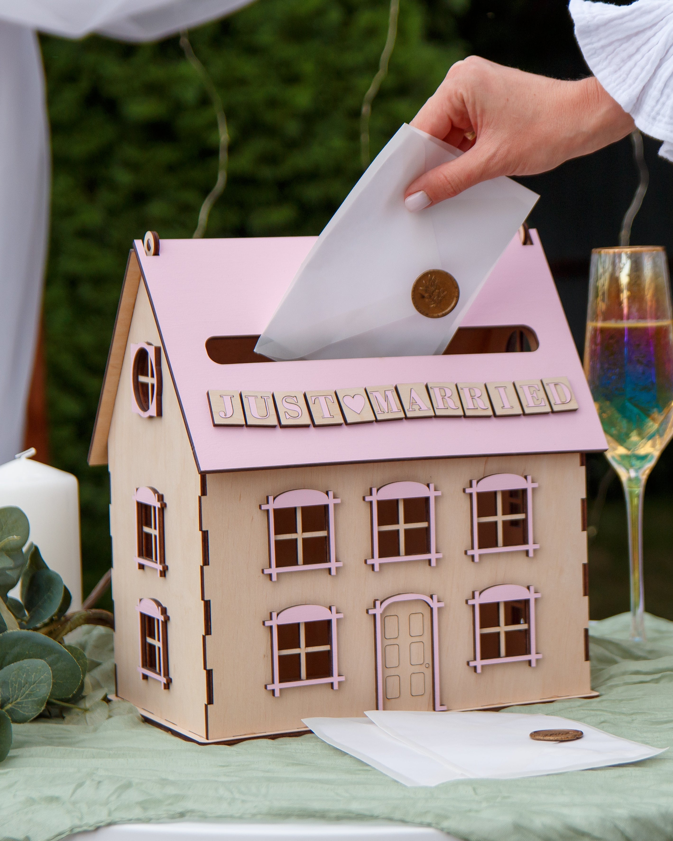 Wedding envelope box shaped like a wooden house