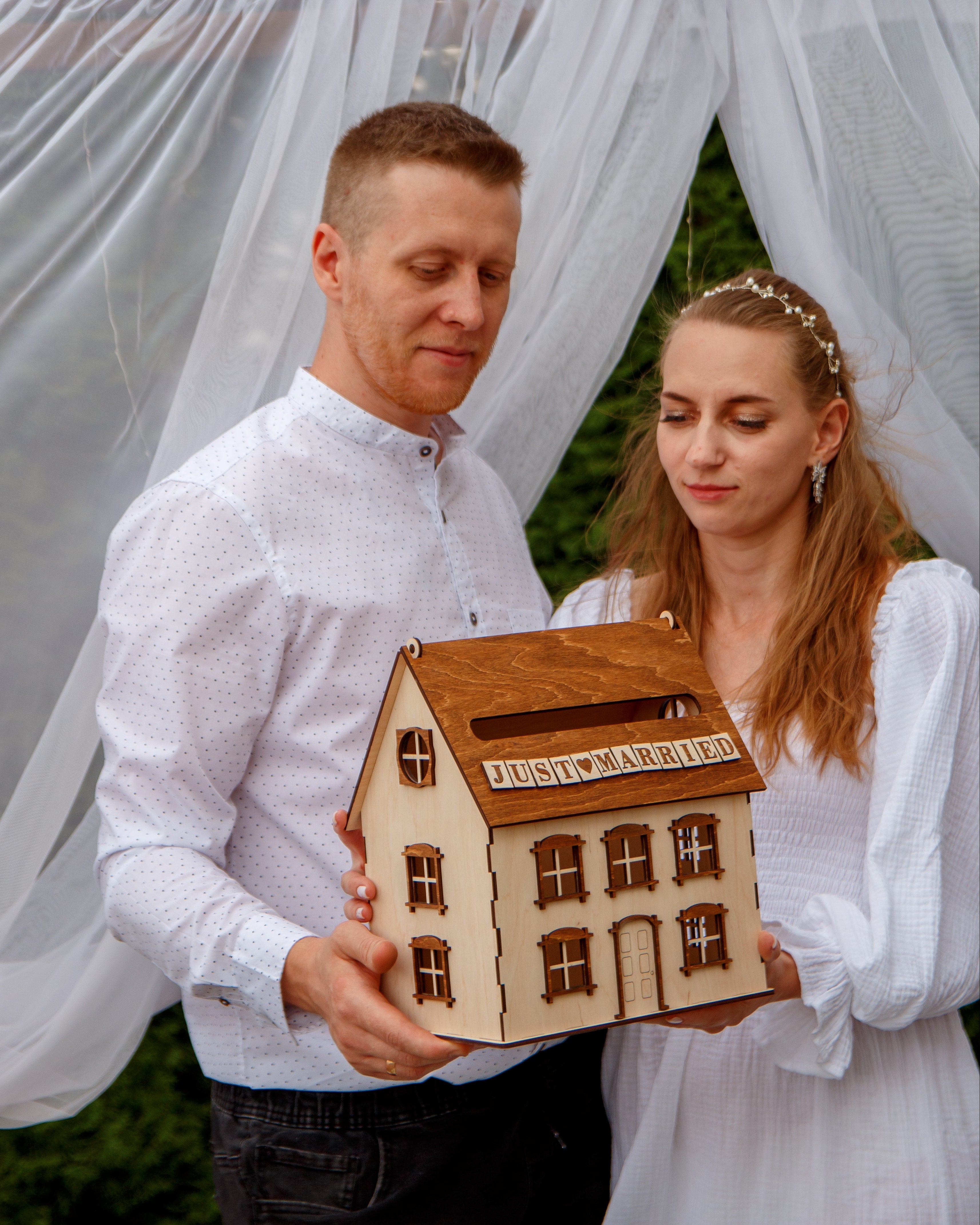 Rustic wooden house card box for wedding envelopes