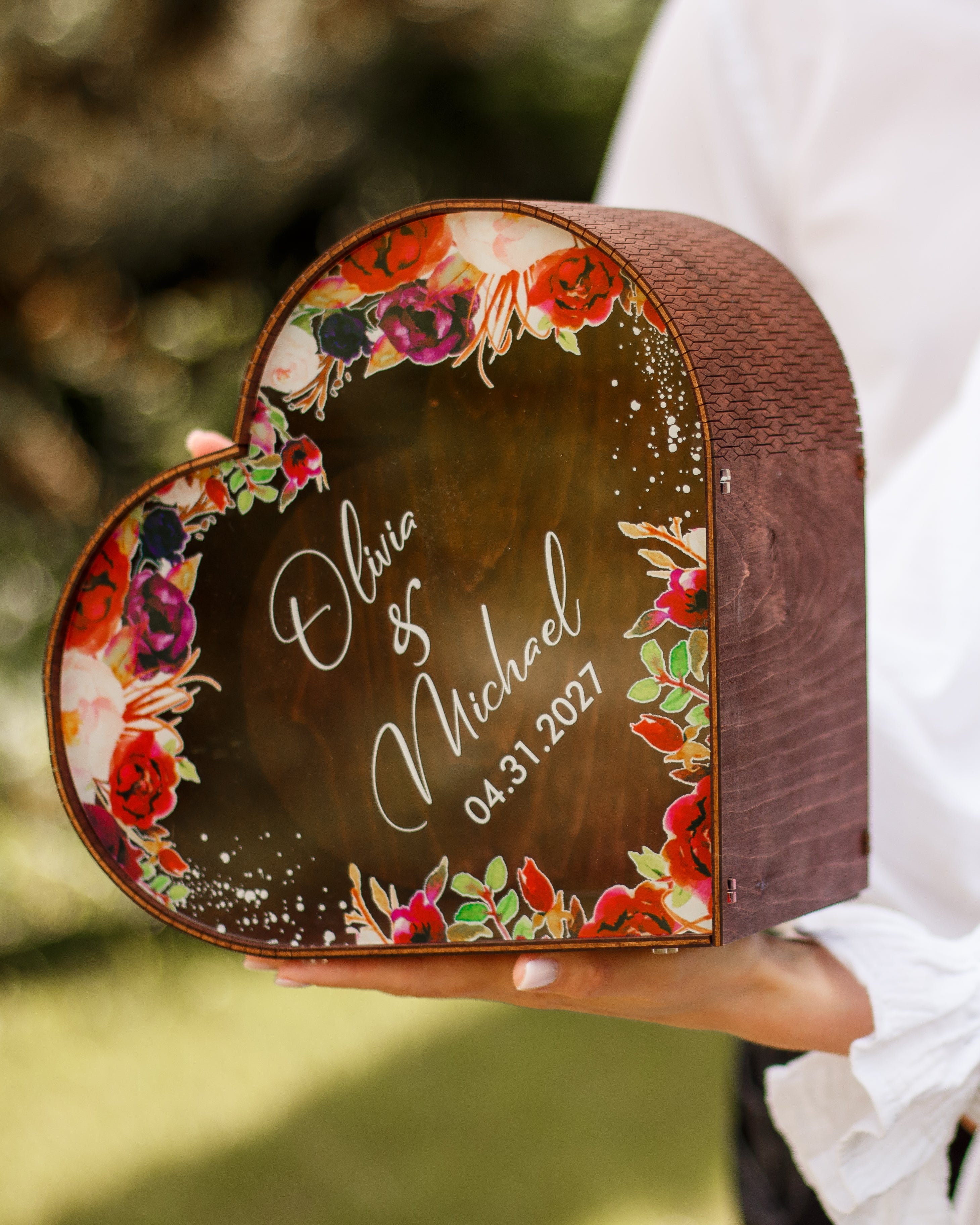 Wooden heart card box for rustic boho wedding