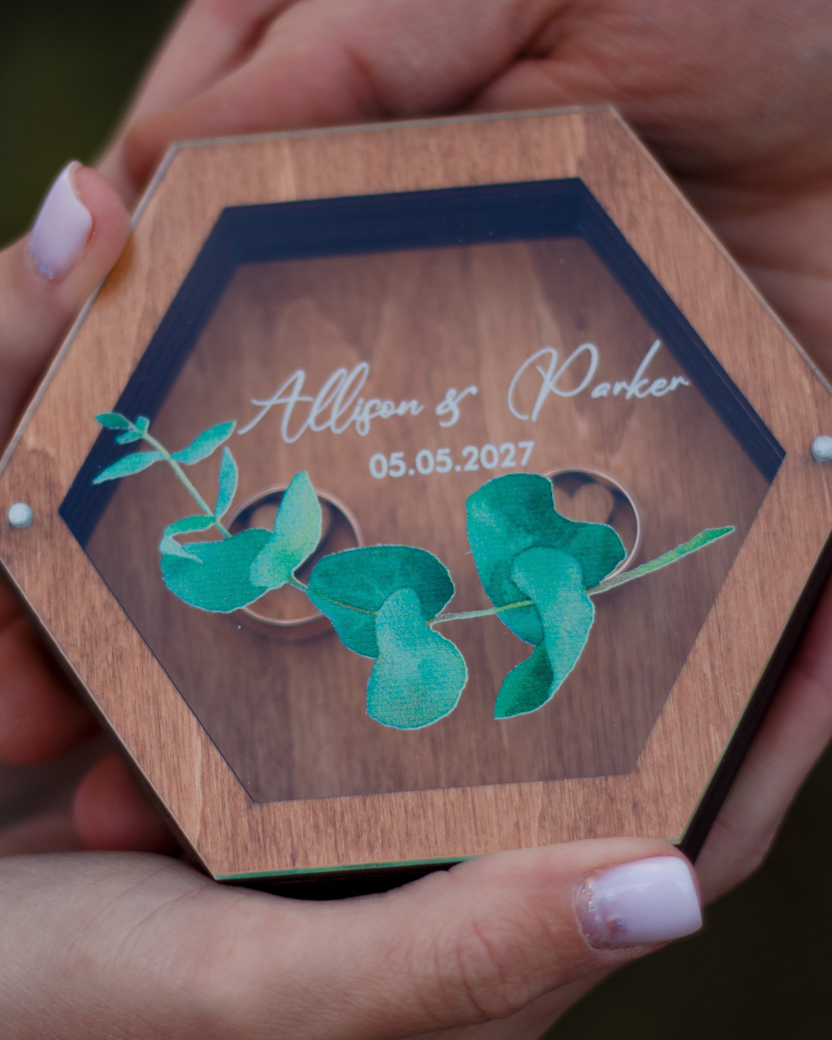 Rustic wooden ring bearer box with eucalyptus design