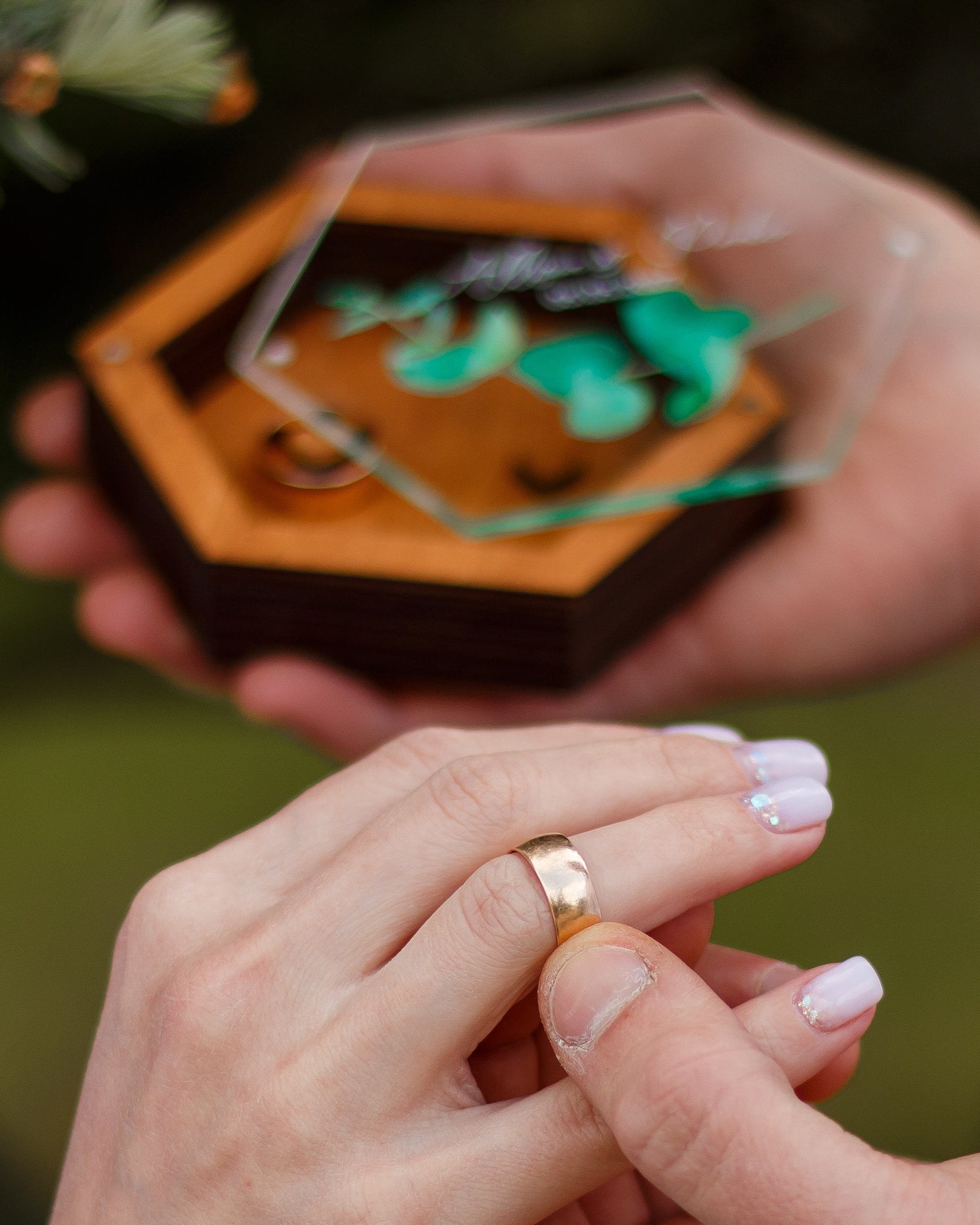 Personalized wooden wedding ring box with acrylic lid