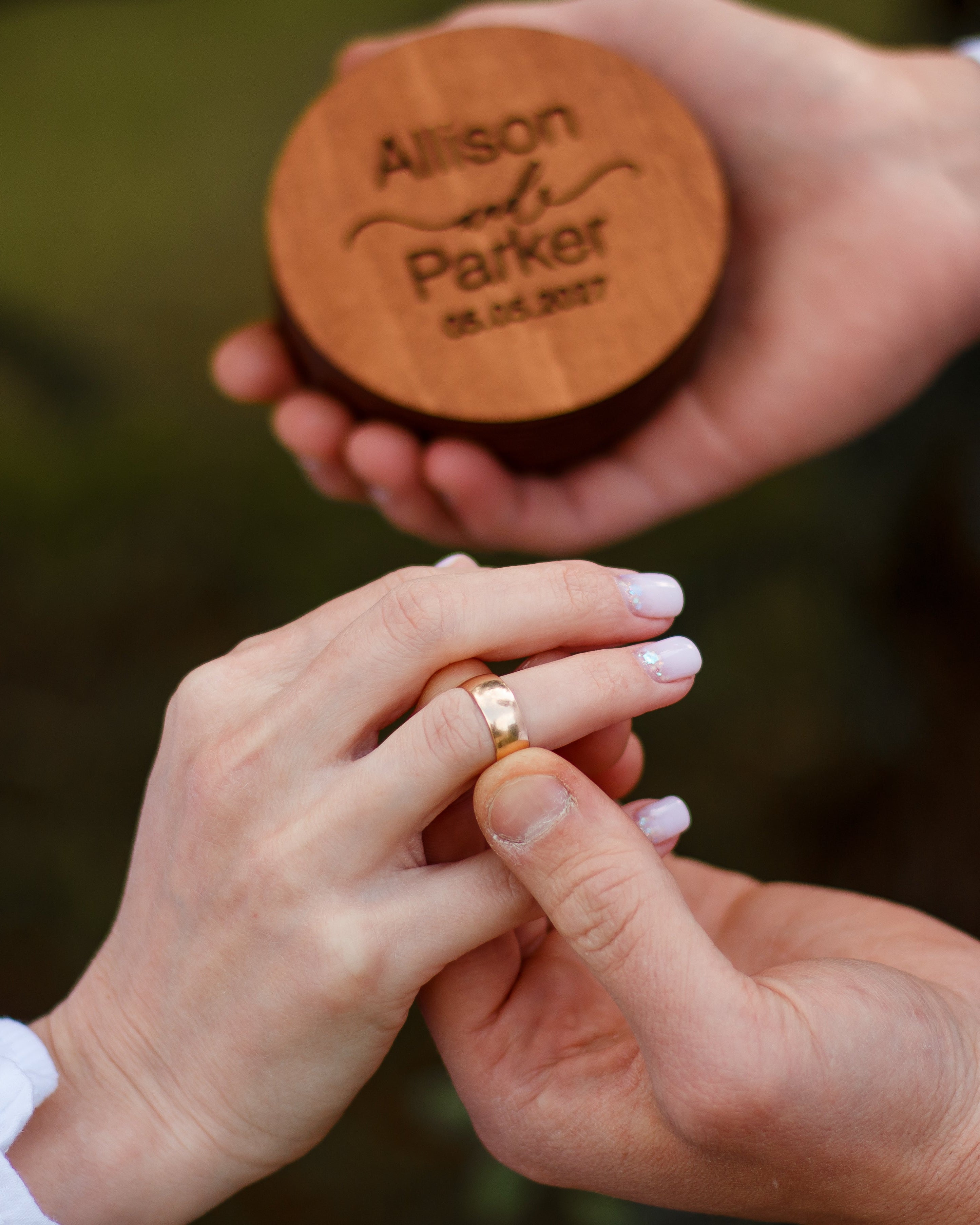 Elegant wood ring bearer box with personalized lid