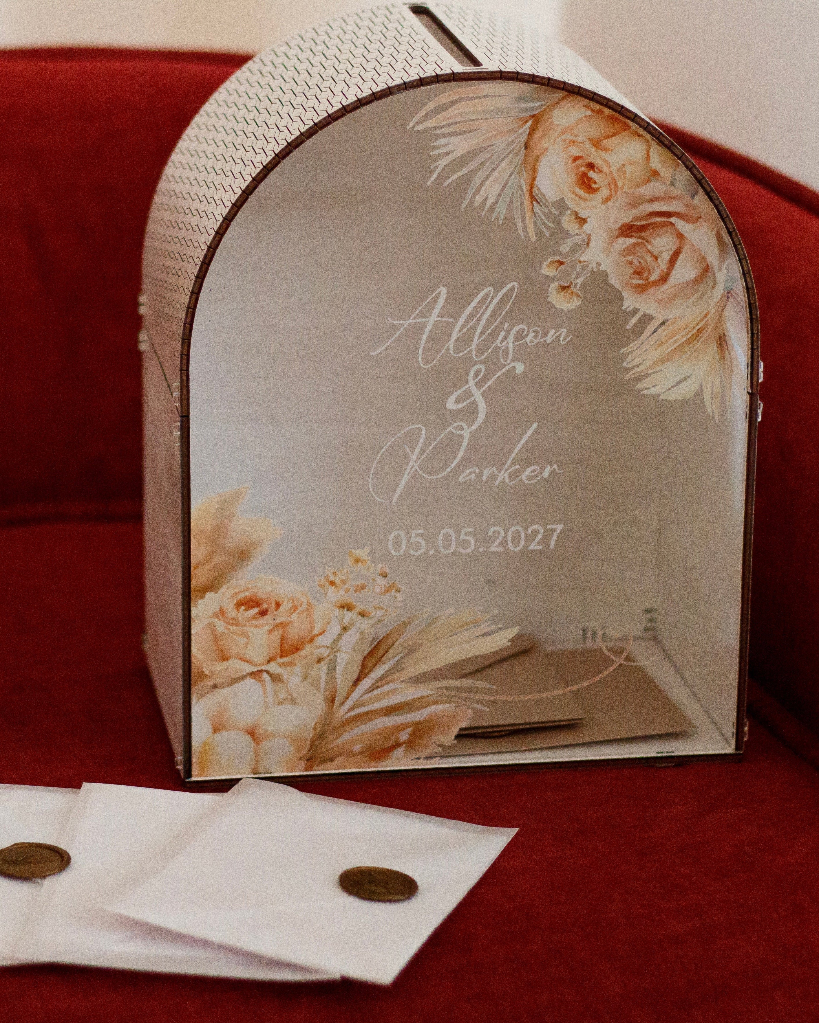Personalized wooden card box with floral design for wedding reception
