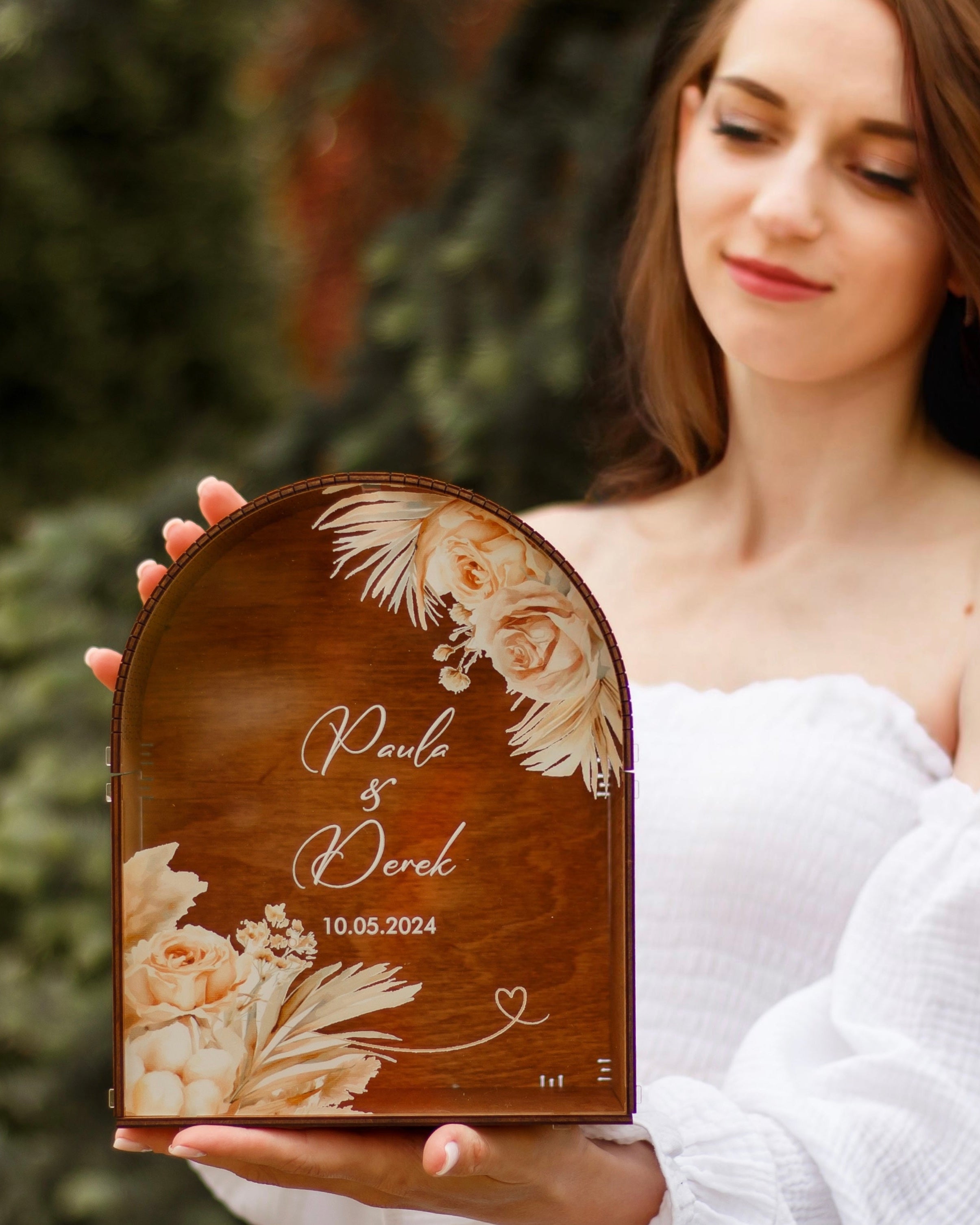 Romantic floral wedding card box with acrylic front panel