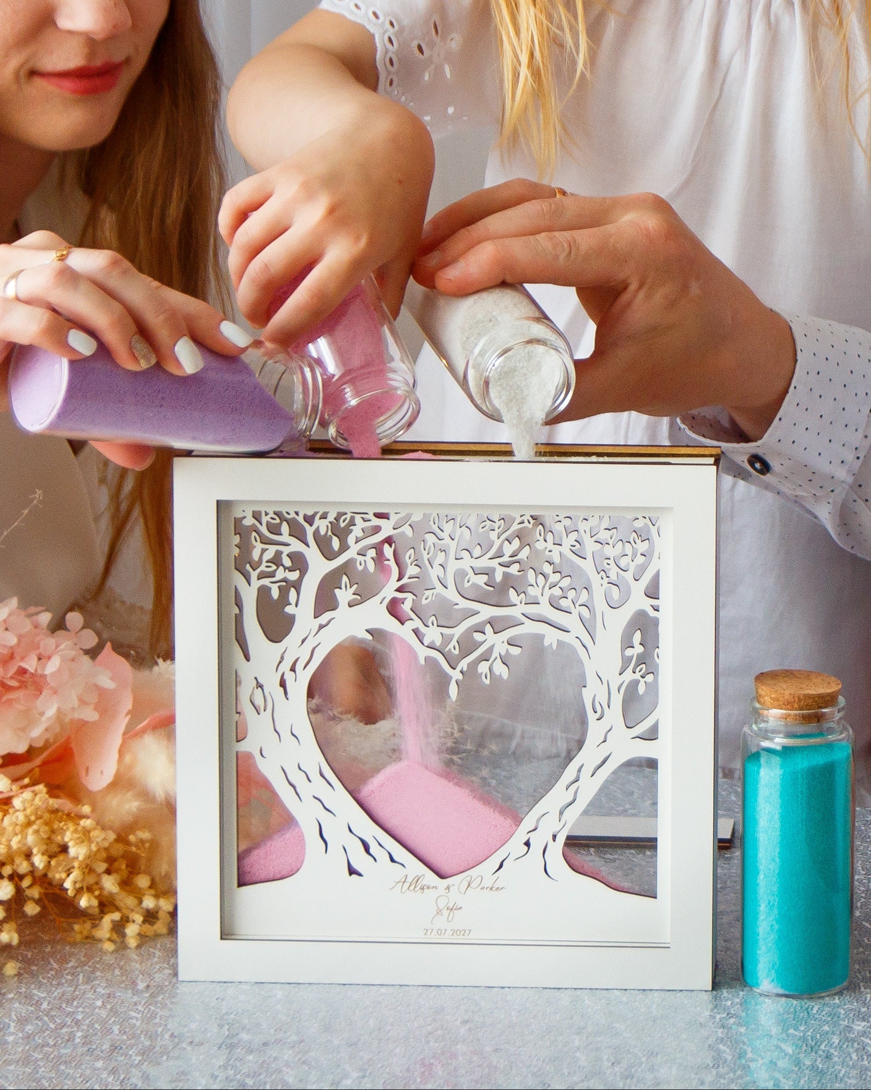 Wedding unity sand frame keepsake with heart tree design and sand bottles