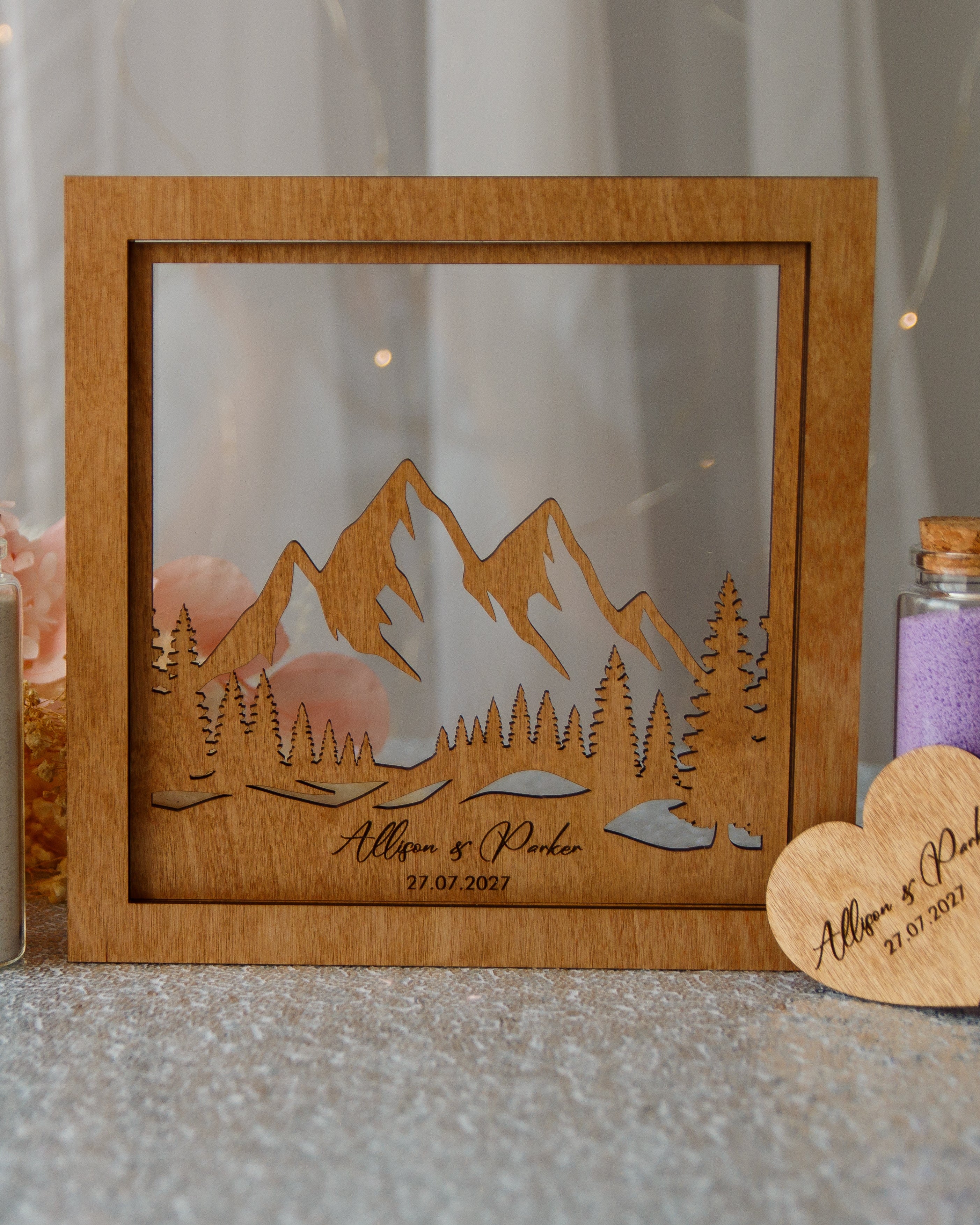 Mountain landscape sand ceremony frame for couple wedding