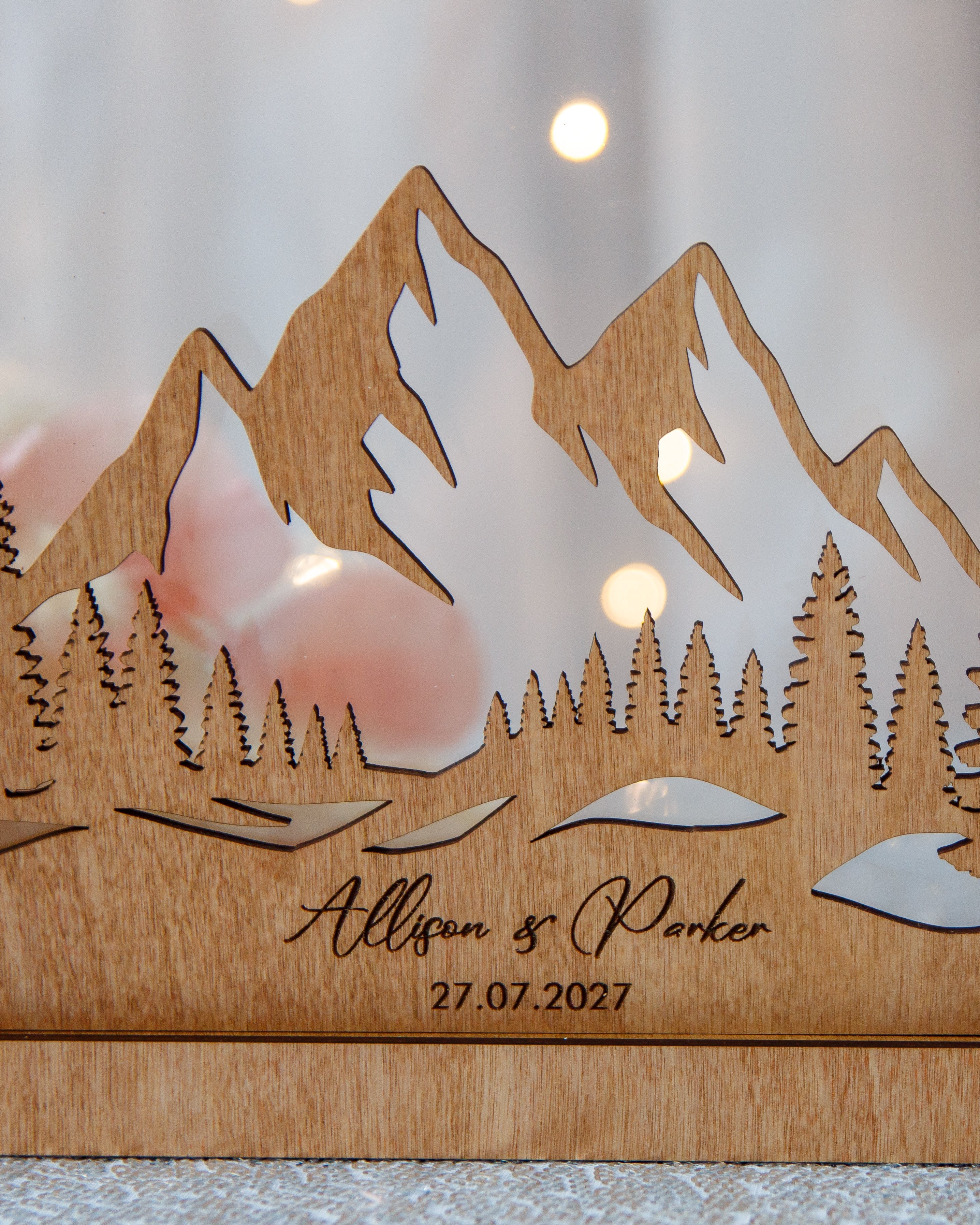 Wooden mountain sand ceremony shadow box personalized names