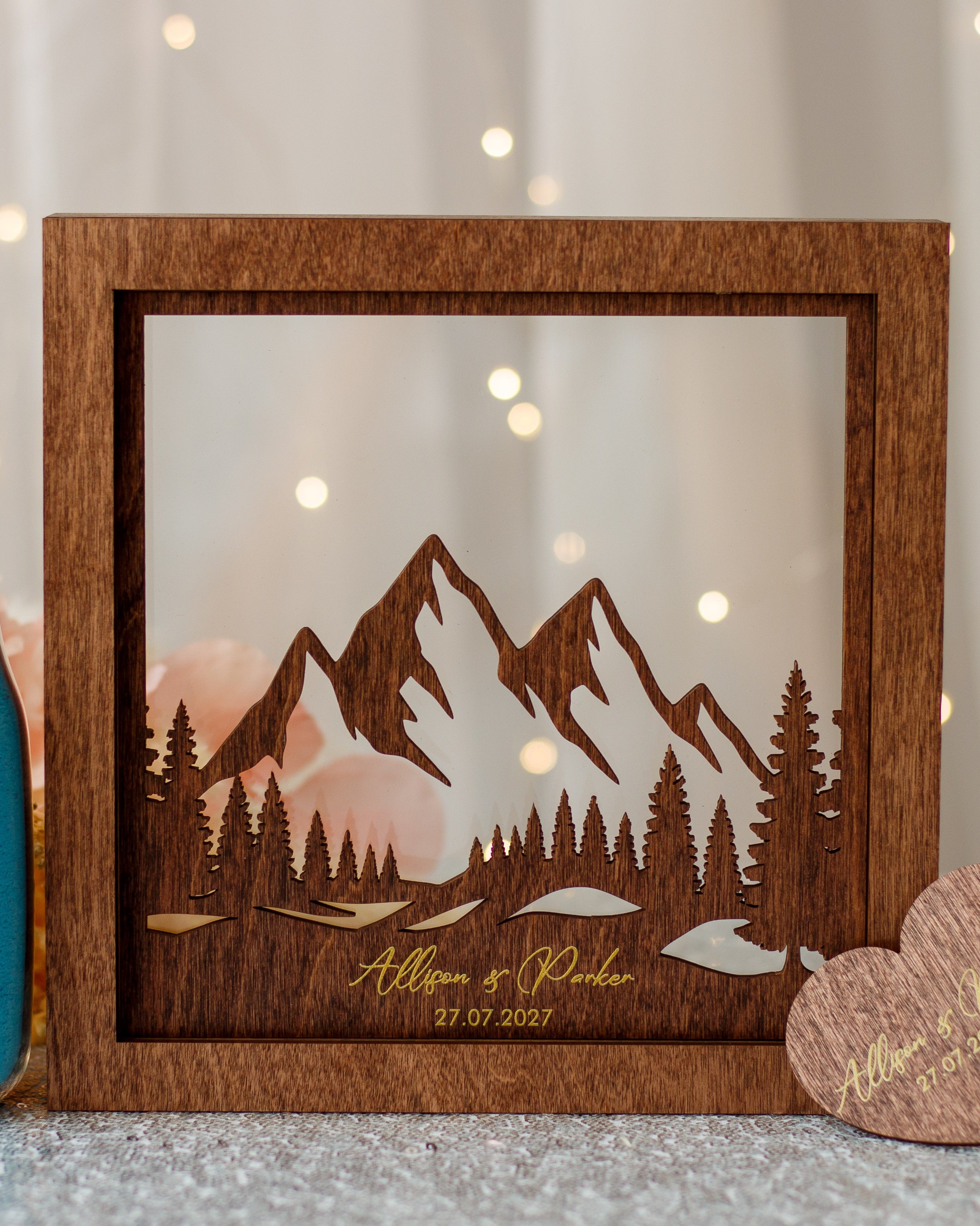 Custom couple sand ceremony frame with mountain landscape