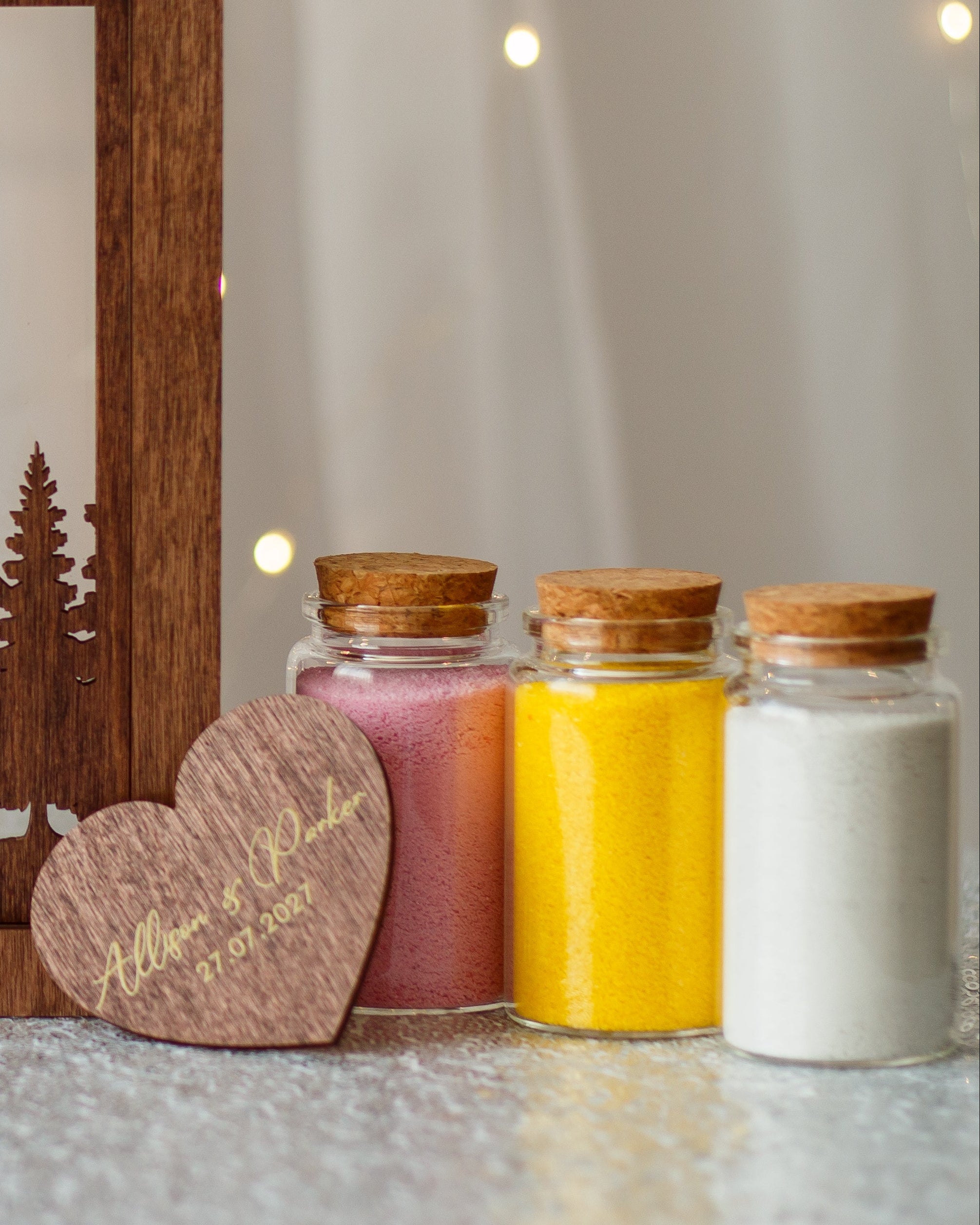 Personalized wedding sand frame with mountains and pines
