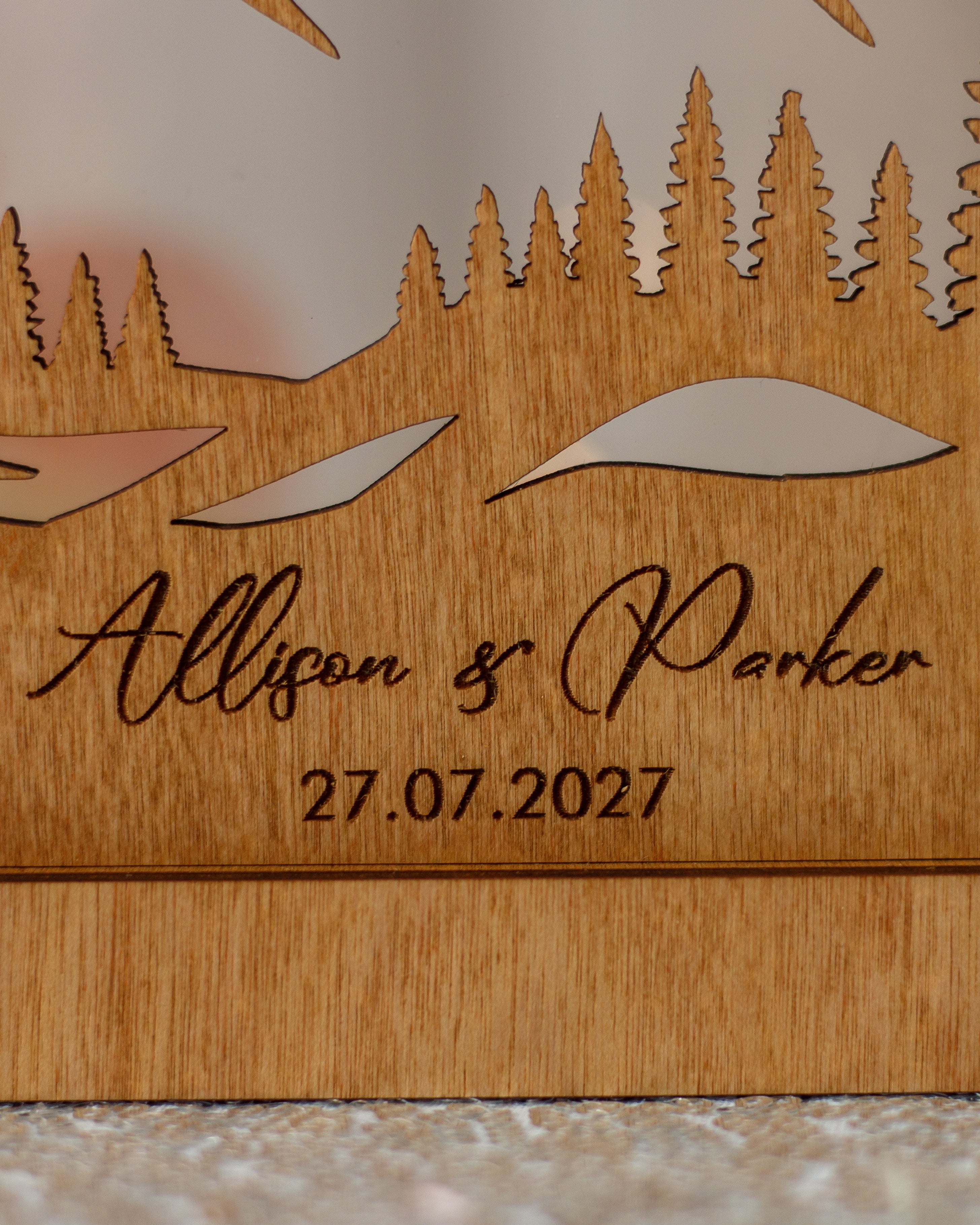 Rustic wedding sand ceremony frame with mountain artwork