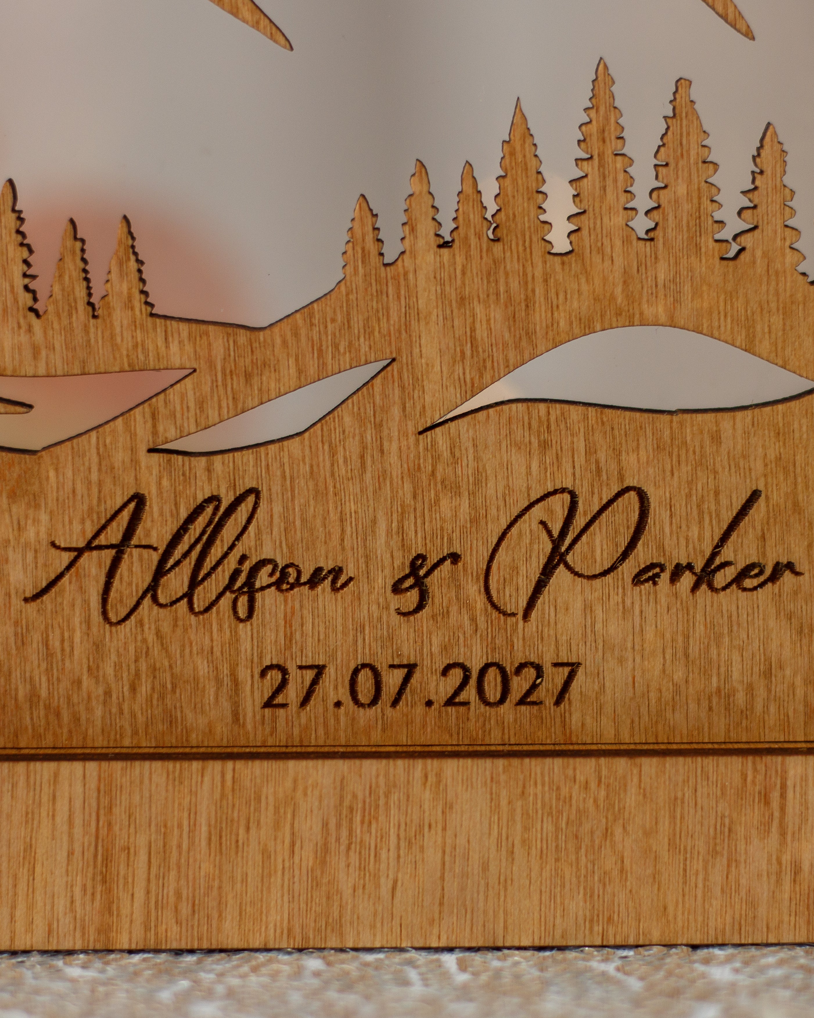 Wedding unity sand shadow box with mountains and forest