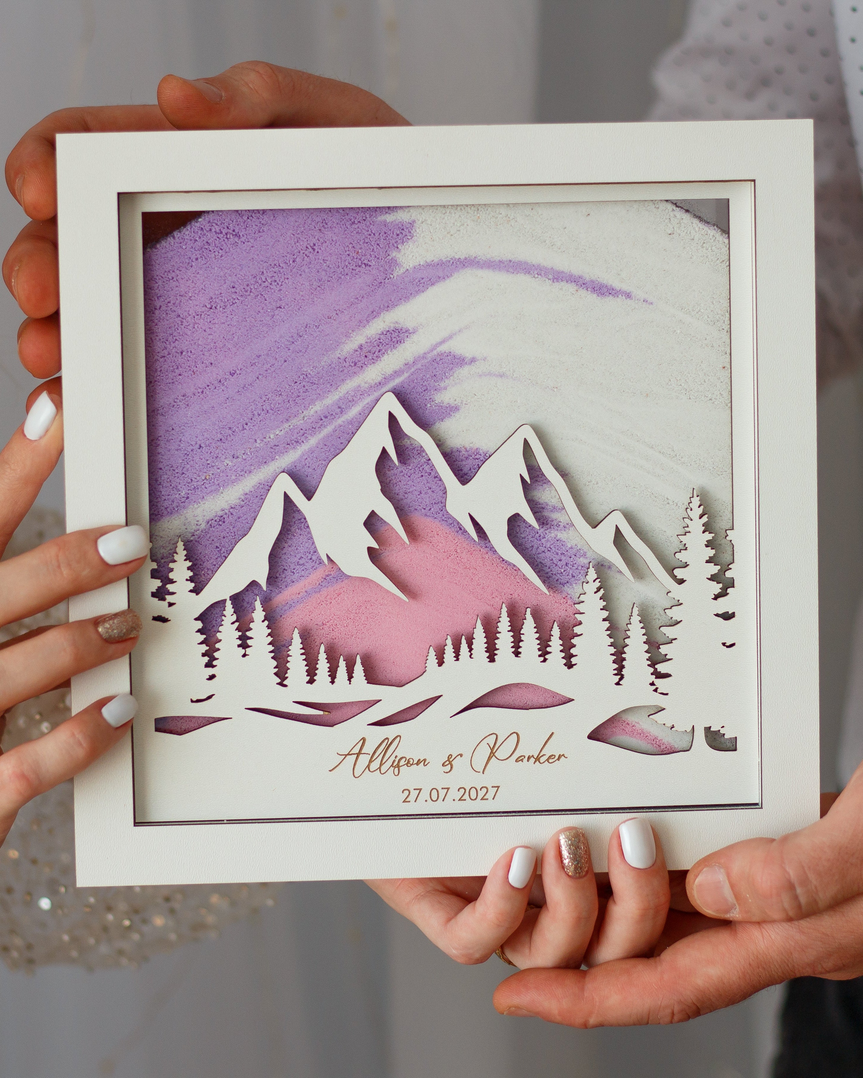 Personalized rustic mountain wedding keepsake sand frame